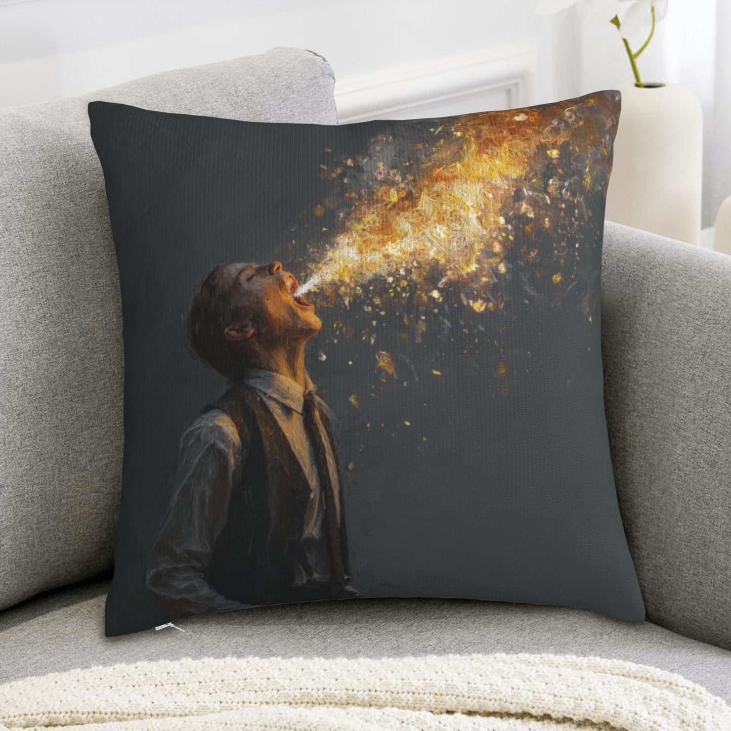 18"x18" Abstract Art Throw Pillow Cover – Fire-Breathing Man Design for Sofa, Couch, or Bedroom