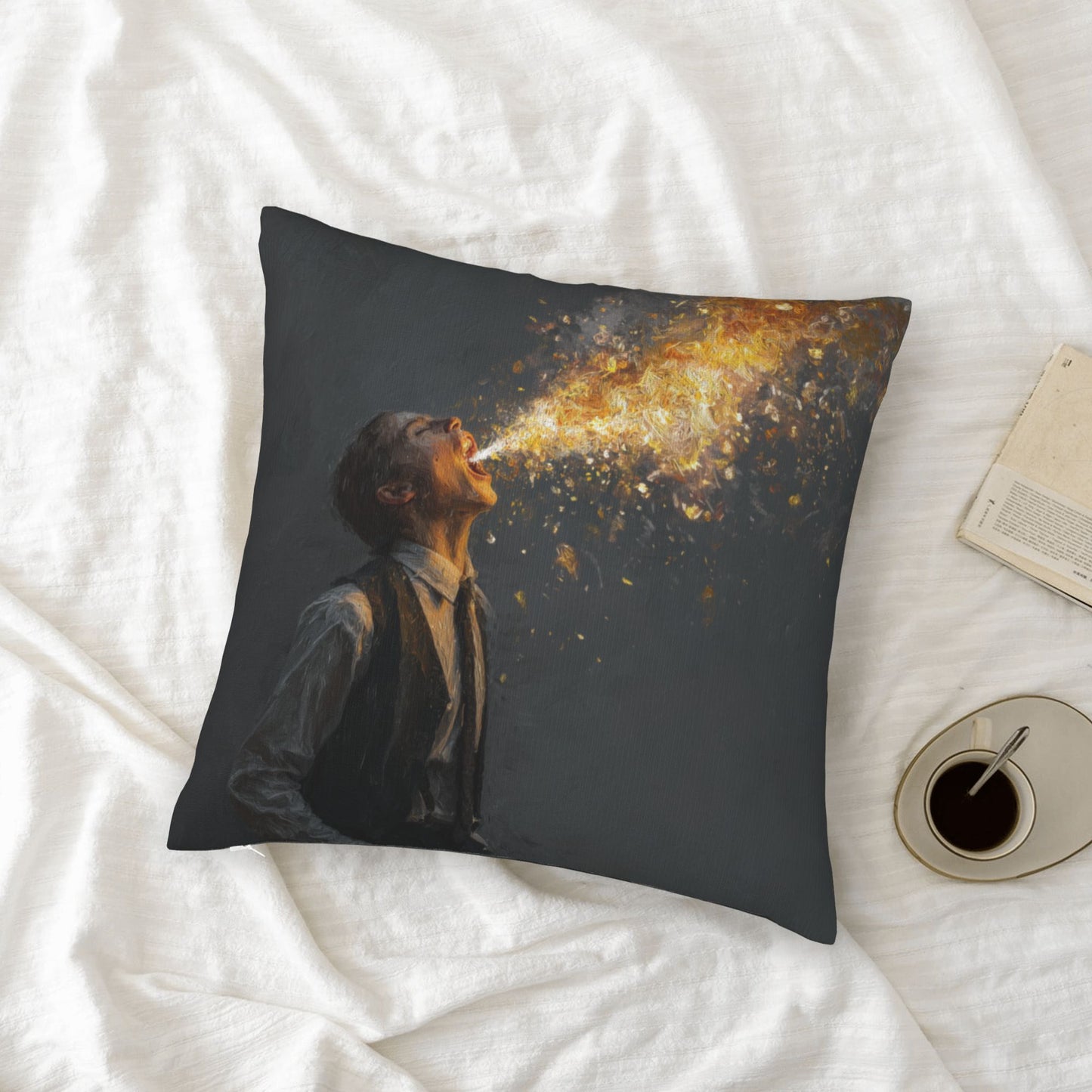 18"x18" Abstract Art Throw Pillow Cover – Fire-Breathing Man Design for Sofa, Couch, or Bedroom