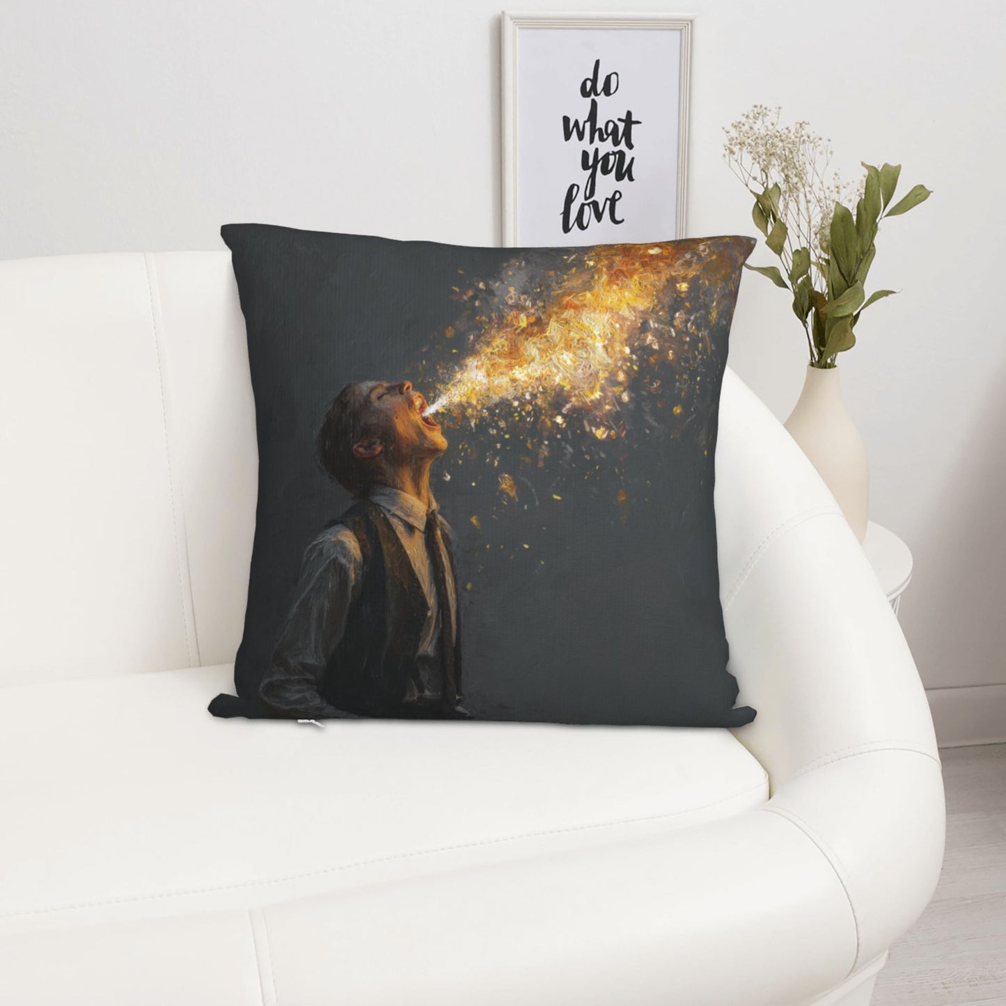 18"x18" Abstract Art Throw Pillow Cover – Fire-Breathing Man Design for Sofa, Couch, or Bedroom