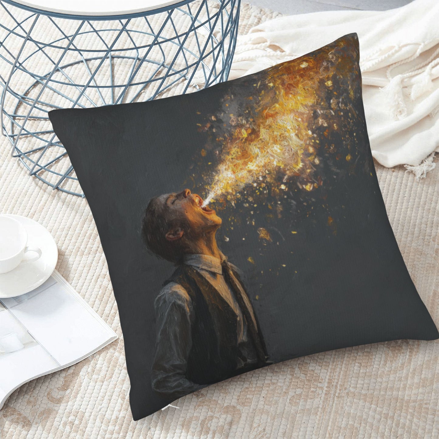 18"x18" Abstract Art Throw Pillow Cover – Fire-Breathing Man Design for Sofa, Couch, or Bedroom