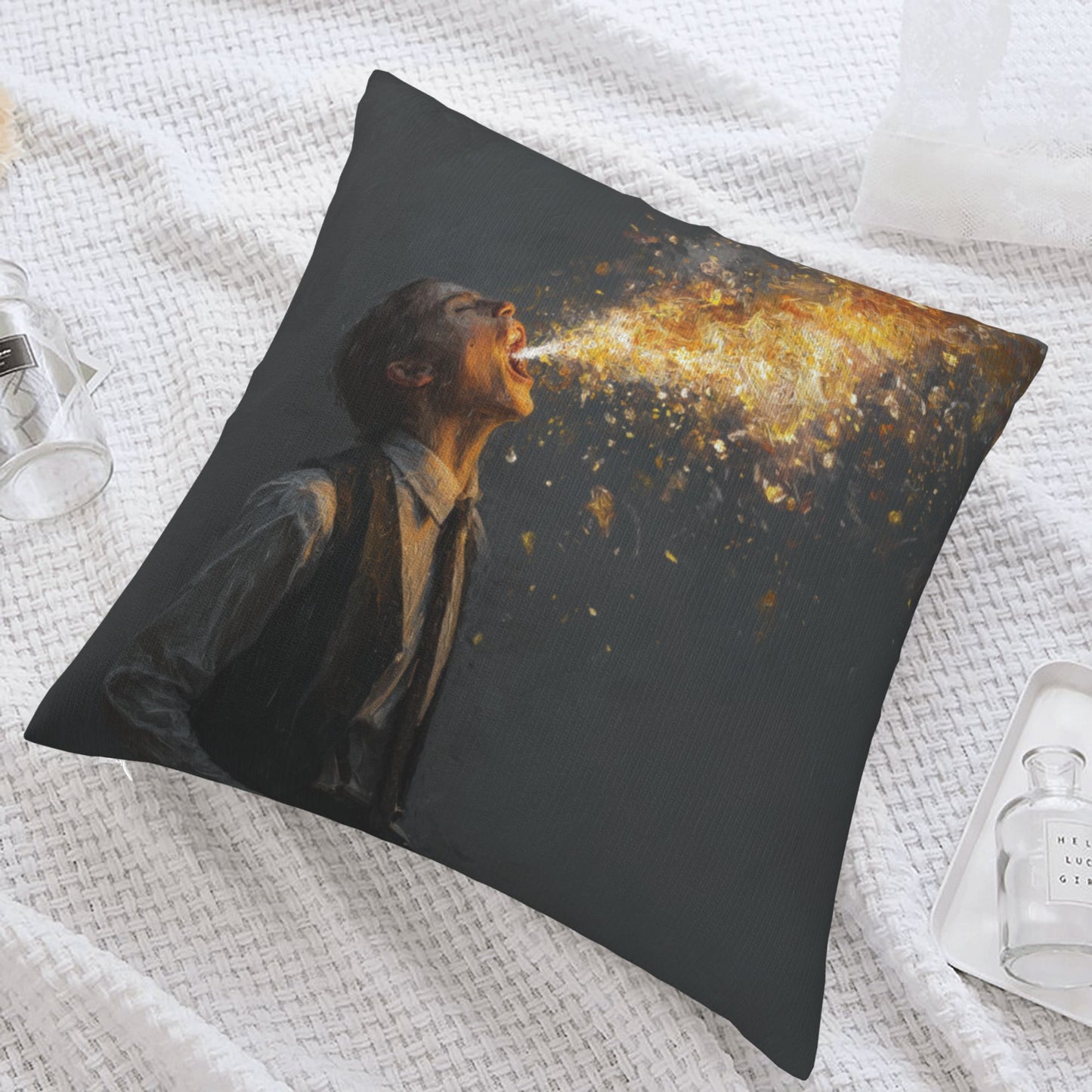 18"x18" Abstract Art Throw Pillow Cover – Fire-Breathing Man Design for Sofa, Couch, or Bedroom