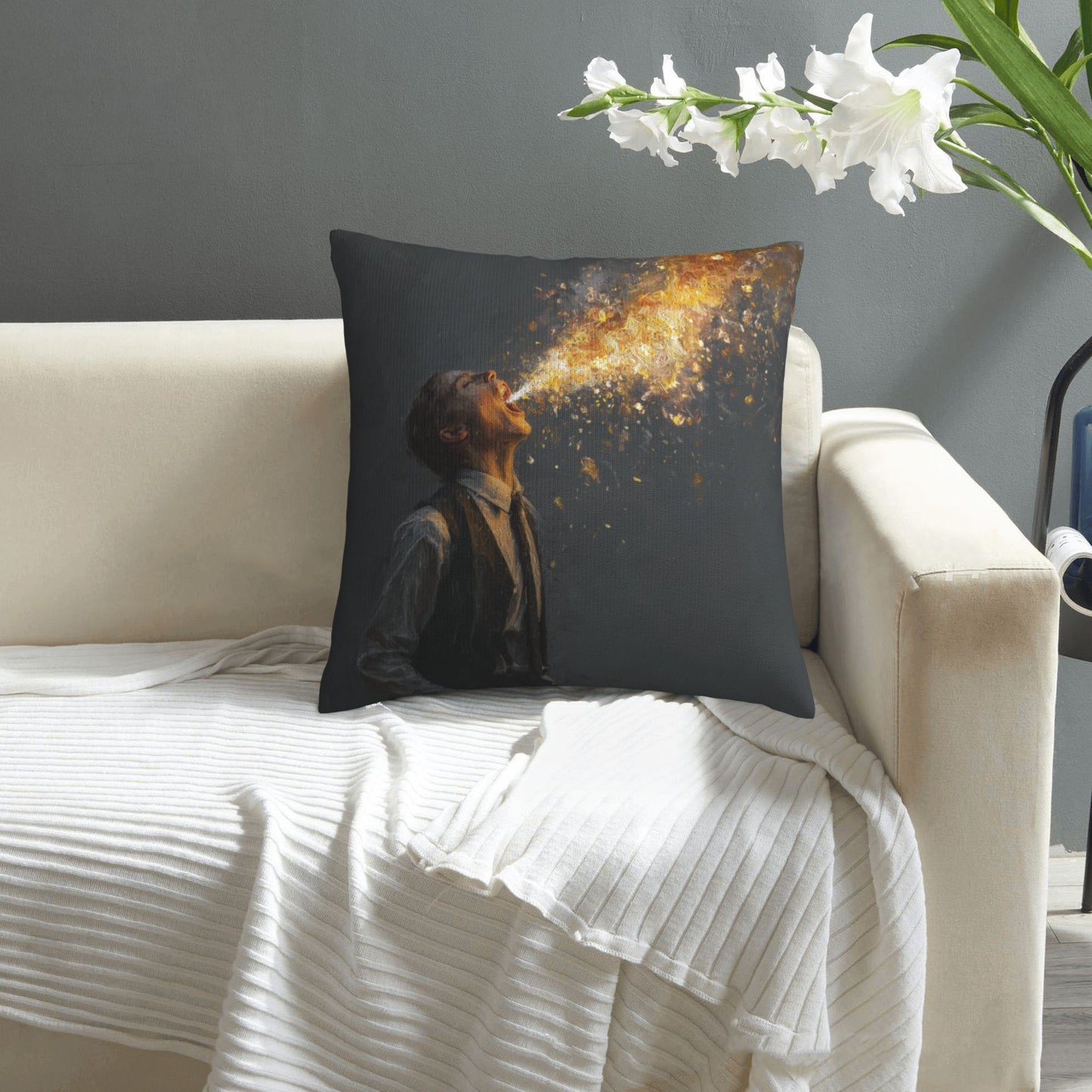 18"x18" Abstract Art Throw Pillow Cover – Fire-Breathing Man Design for Sofa, Couch, or Bedroom