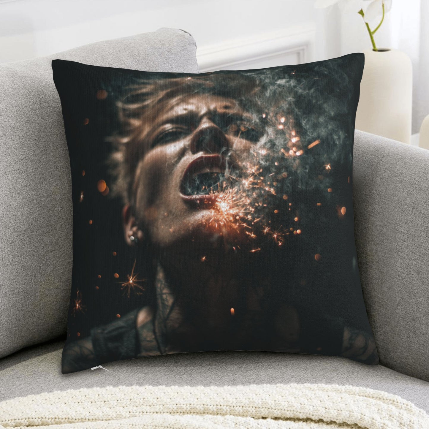 18"x18" Explosive Sparks Woman Art Pillow Cover – Abstract Dark Style Throw Cushion for Sofa, Bed, Studio