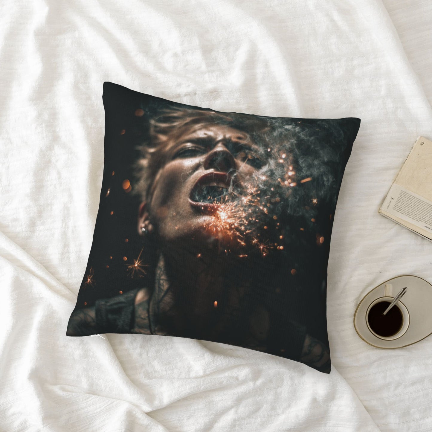 18"x18" Explosive Sparks Woman Art Pillow Cover – Abstract Dark Style Throw Cushion for Sofa, Bed, Studio