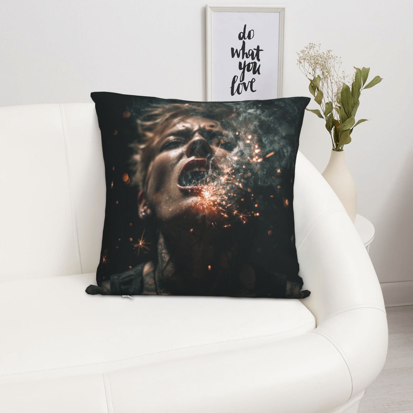 18"x18" Explosive Sparks Woman Art Pillow Cover – Abstract Dark Style Throw Cushion for Sofa, Bed, Studio