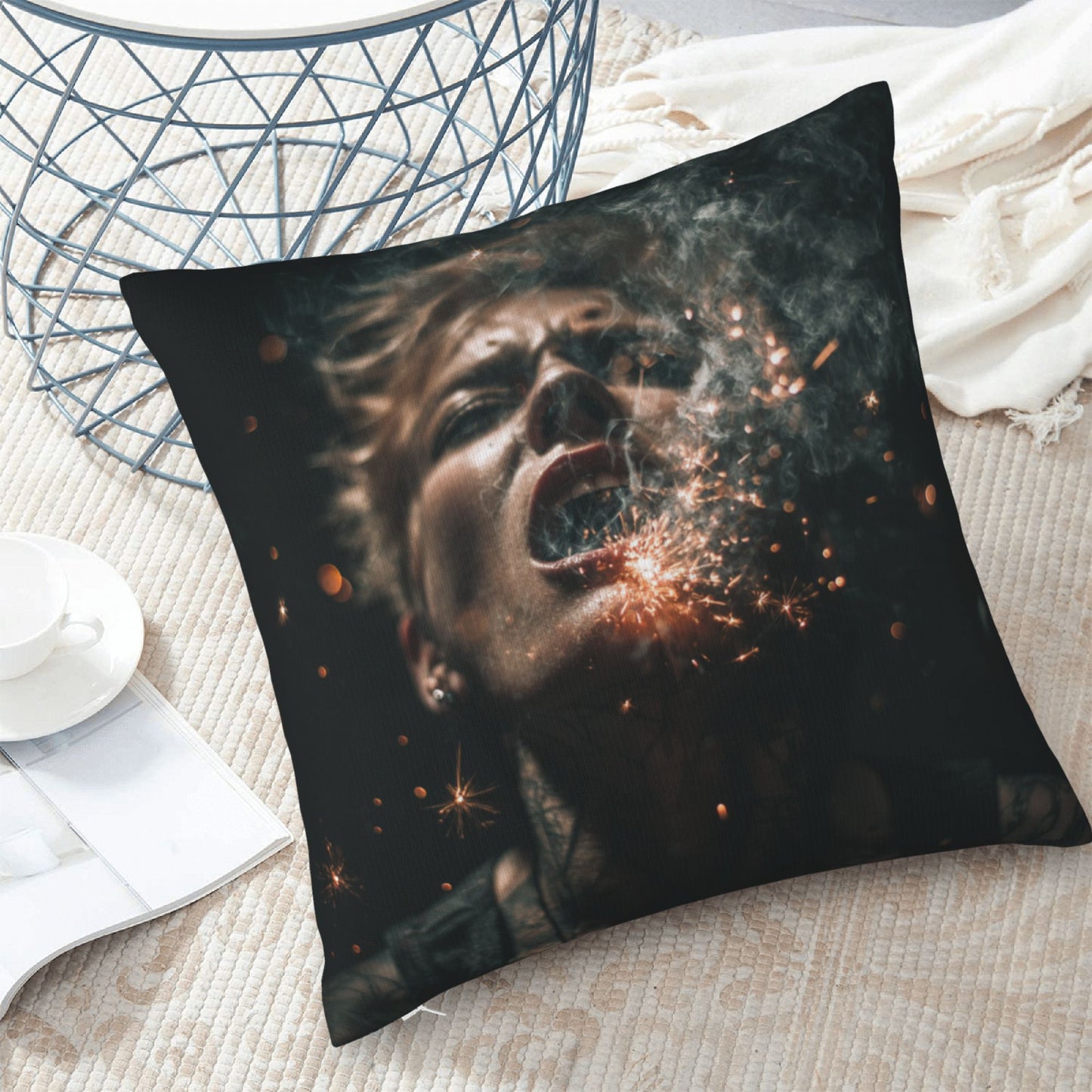 18"x18" Explosive Sparks Woman Art Pillow Cover – Abstract Dark Style Throw Cushion for Sofa, Bed, Studio