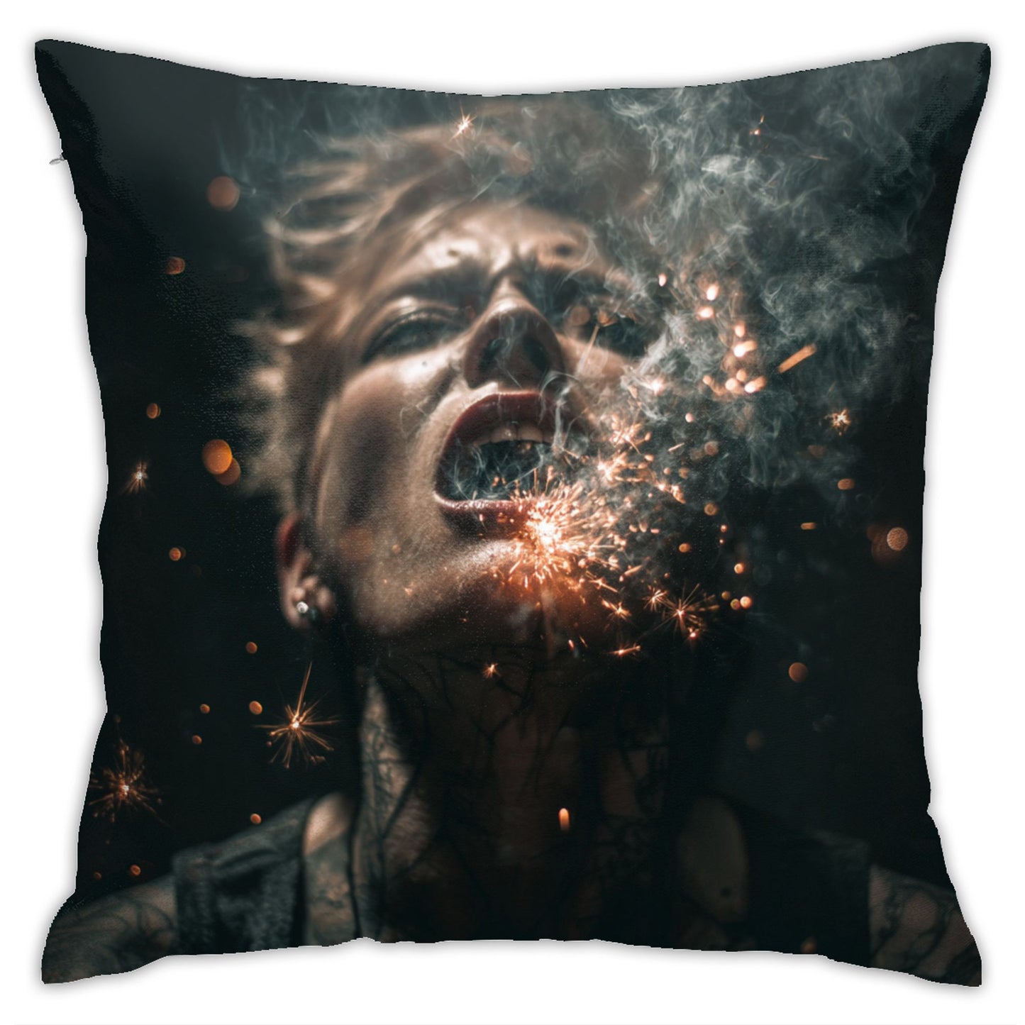 18"x18" Explosive Sparks Woman Art Pillow Cover – Abstract Dark Style Throw Cushion for Sofa, Bed, Studio