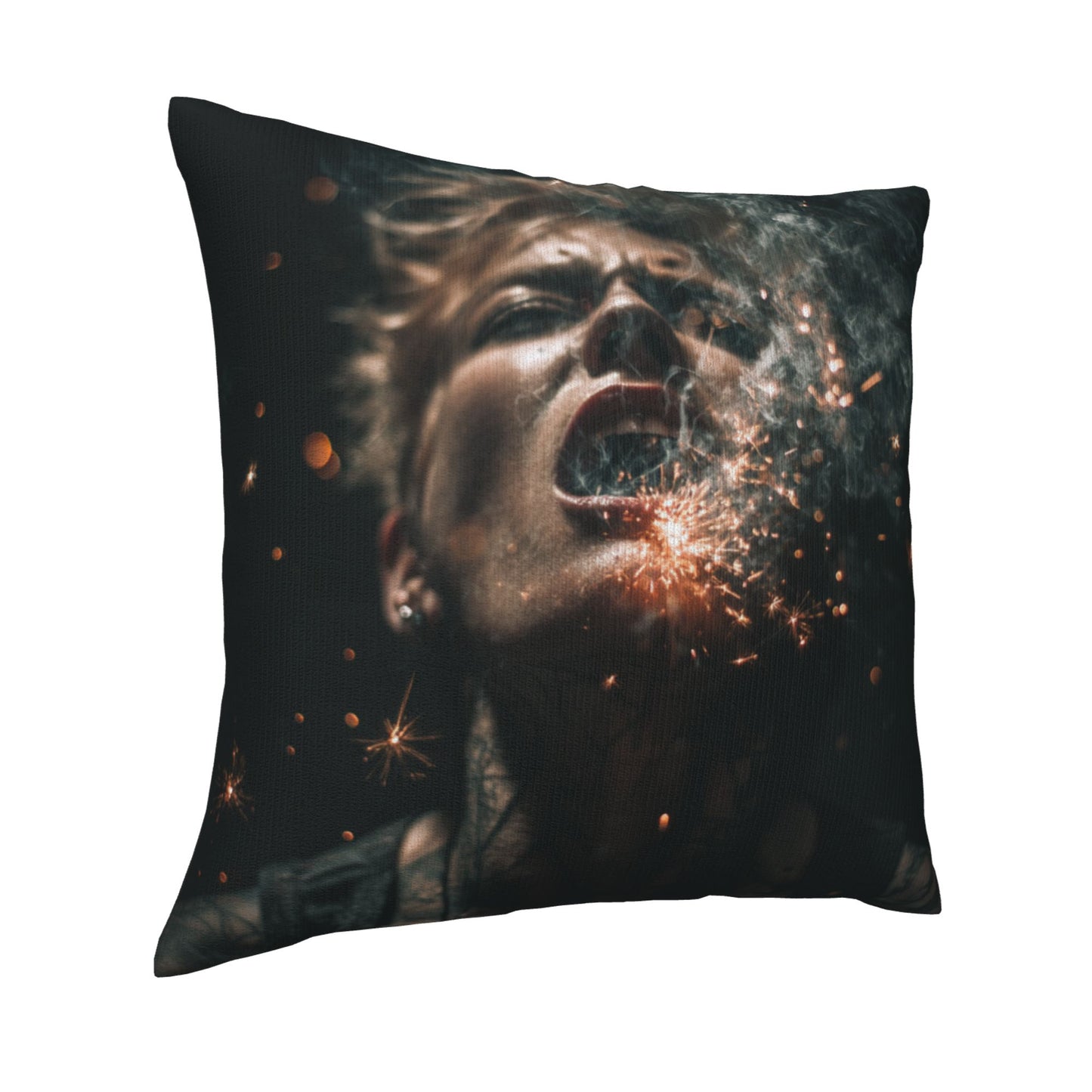18"x18" Explosive Sparks Woman Art Pillow Cover – Abstract Dark Style Throw Cushion for Sofa, Bed, Studio
