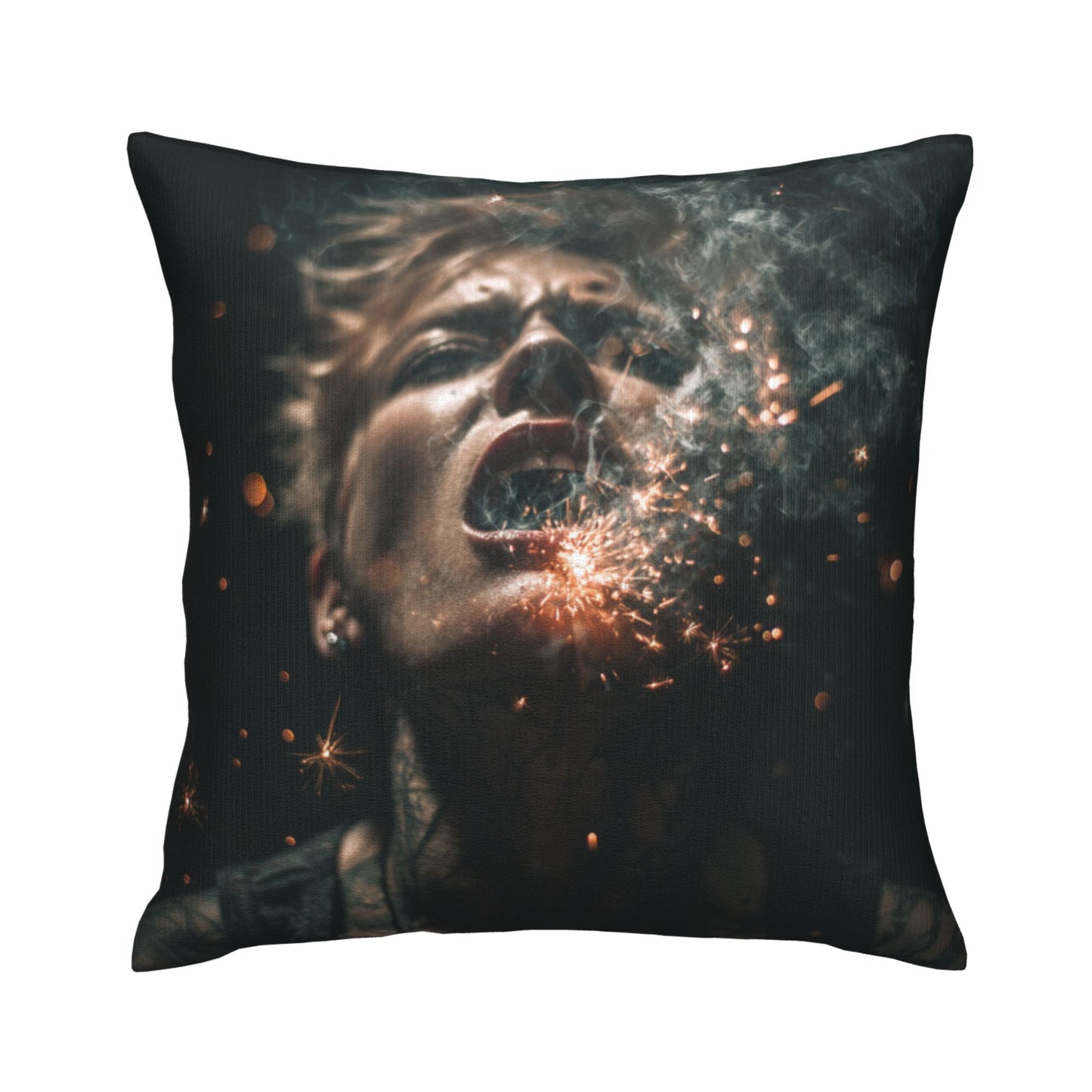 18"x18" Explosive Sparks Woman Art Pillow Cover – Abstract Dark Style Throw Cushion for Sofa, Bed, Studio