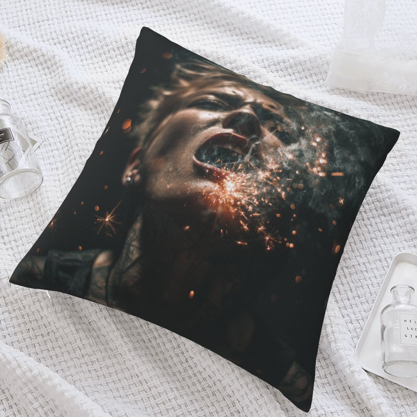18"x18" Explosive Sparks Woman Art Pillow Cover – Abstract Dark Style Throw Cushion for Sofa, Bed, Studio