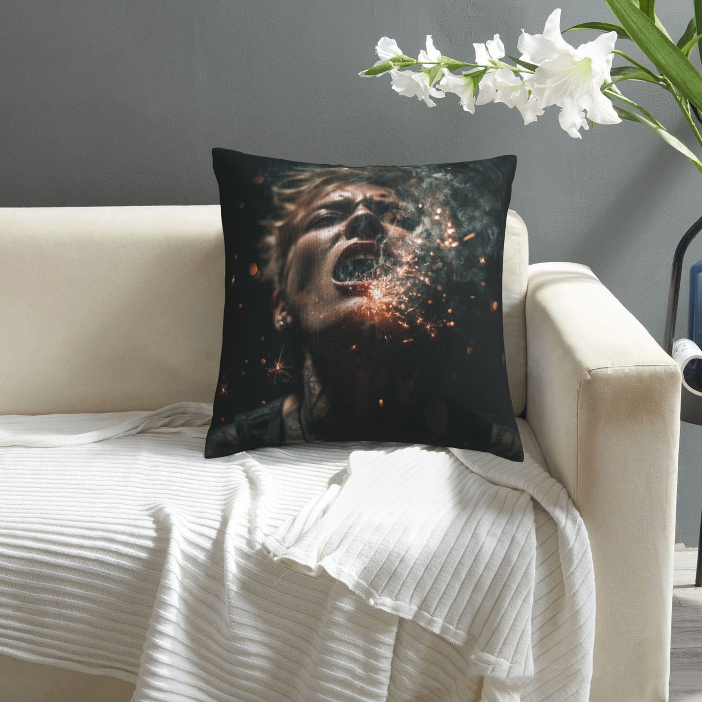 18"x18" Explosive Sparks Woman Art Pillow Cover – Abstract Dark Style Throw Cushion for Sofa, Bed, Studio