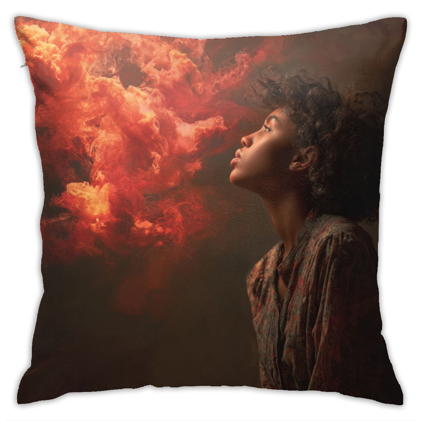 18"x18" Red Flame Cloud Portrait Pillow Cover – Surreal Photography Art Throw Cushion for Modern Interiors