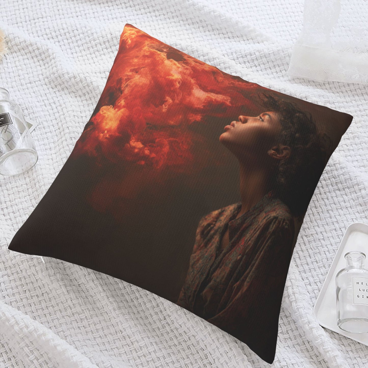 18"x18" Red Flame Cloud Portrait Pillow Cover – Surreal Photography Art Throw Cushion for Modern Interiors