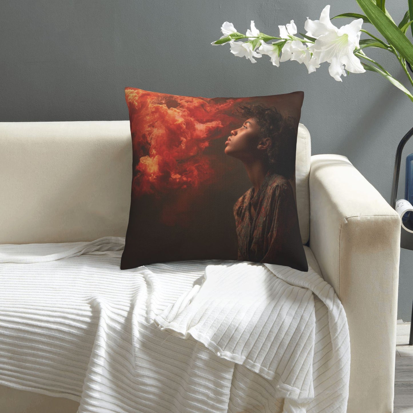 18"x18" Red Flame Cloud Portrait Pillow Cover – Surreal Photography Art Throw Cushion for Modern Interiors