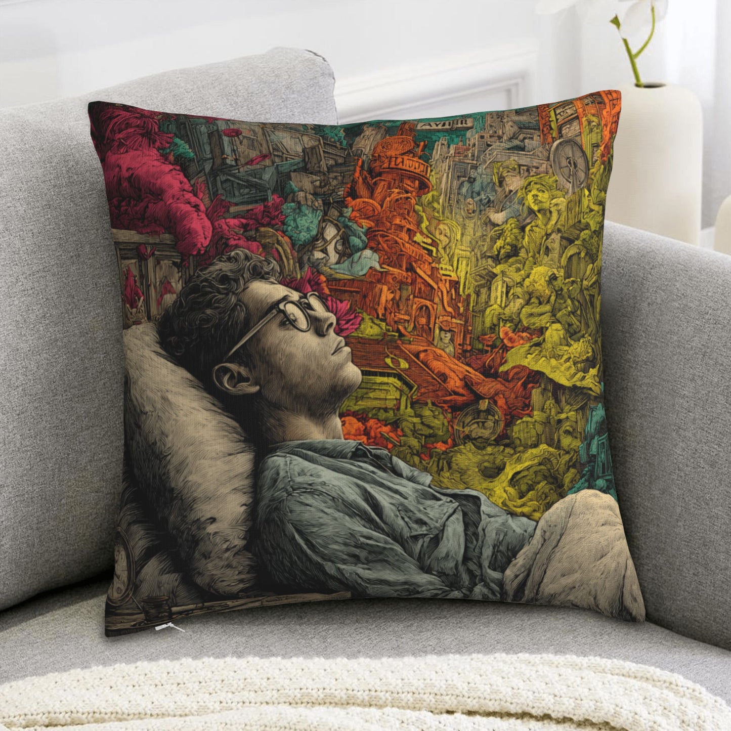 18"x18" Surreal Dreamscape Art Pillow Cover – Colorful Mind Fantasy Illustration Cushion for Sofa or Studio