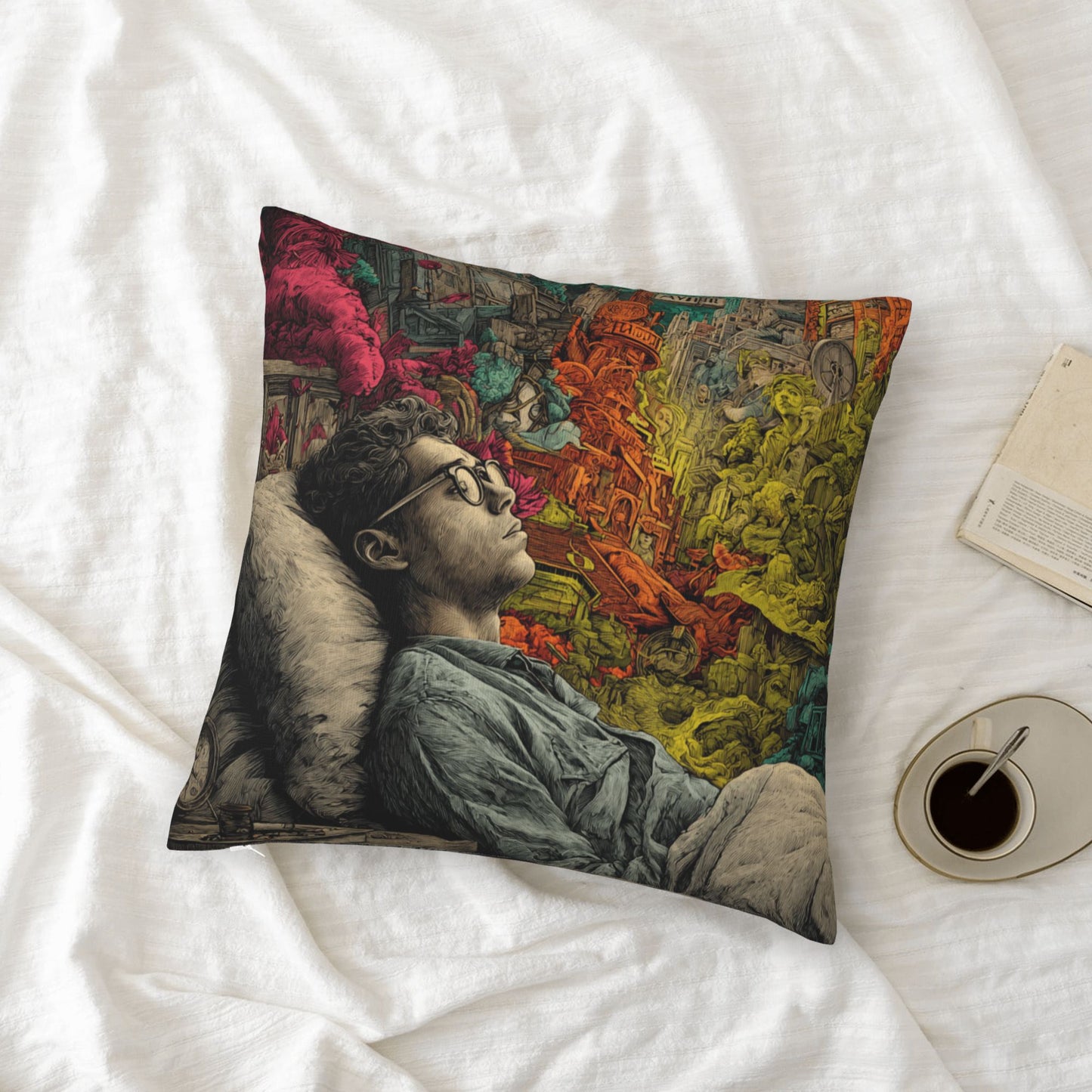 18"x18" Surreal Dreamscape Art Pillow Cover – Colorful Mind Fantasy Illustration Cushion for Sofa or Studio