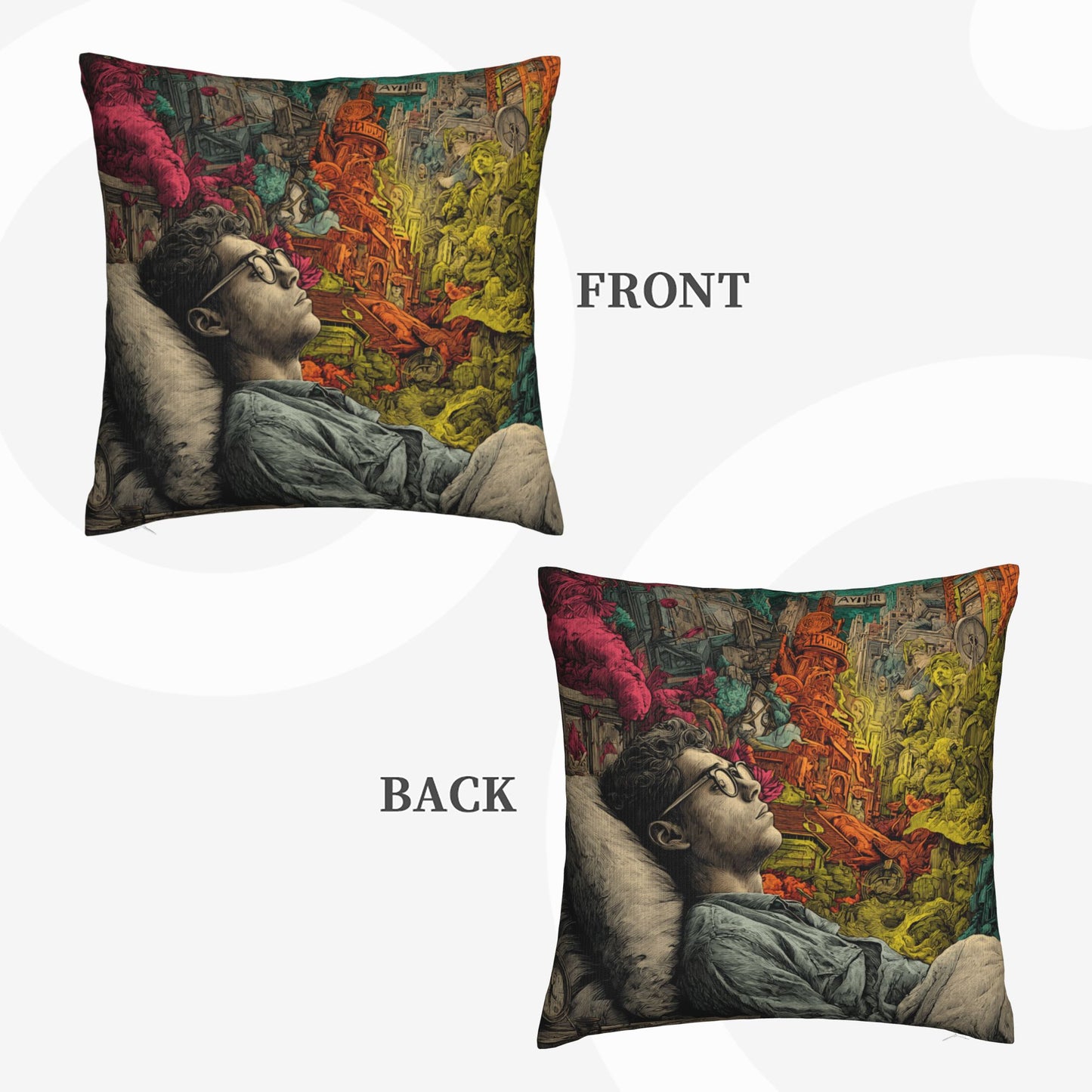 18"x18" Surreal Dreamscape Art Pillow Cover – Colorful Mind Fantasy Illustration Cushion for Sofa or Studio
