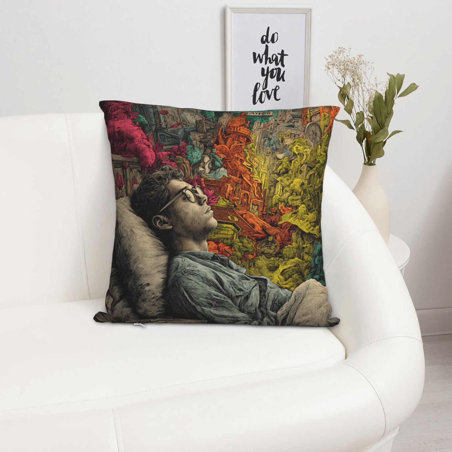 18"x18" Surreal Dreamscape Art Pillow Cover – Colorful Mind Fantasy Illustration Cushion for Sofa or Studio