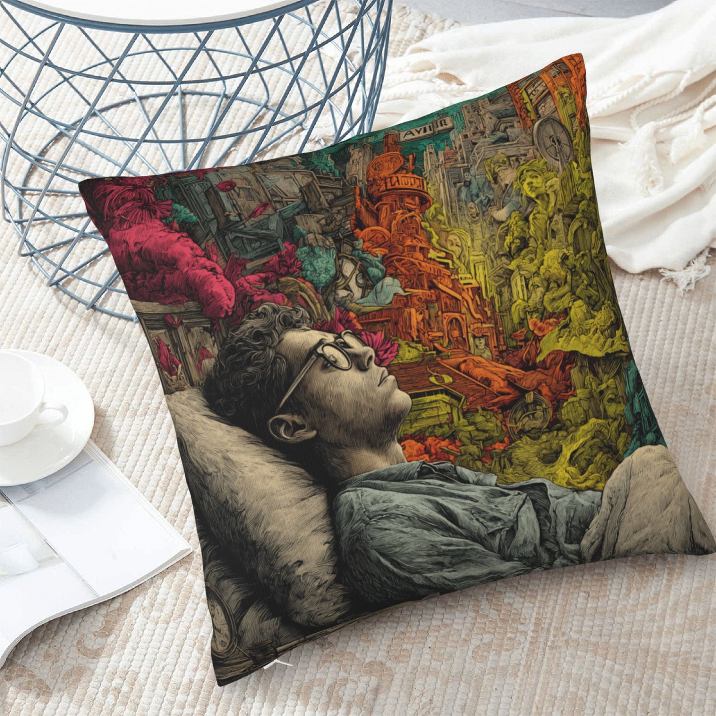 18"x18" Surreal Dreamscape Art Pillow Cover – Colorful Mind Fantasy Illustration Cushion for Sofa or Studio