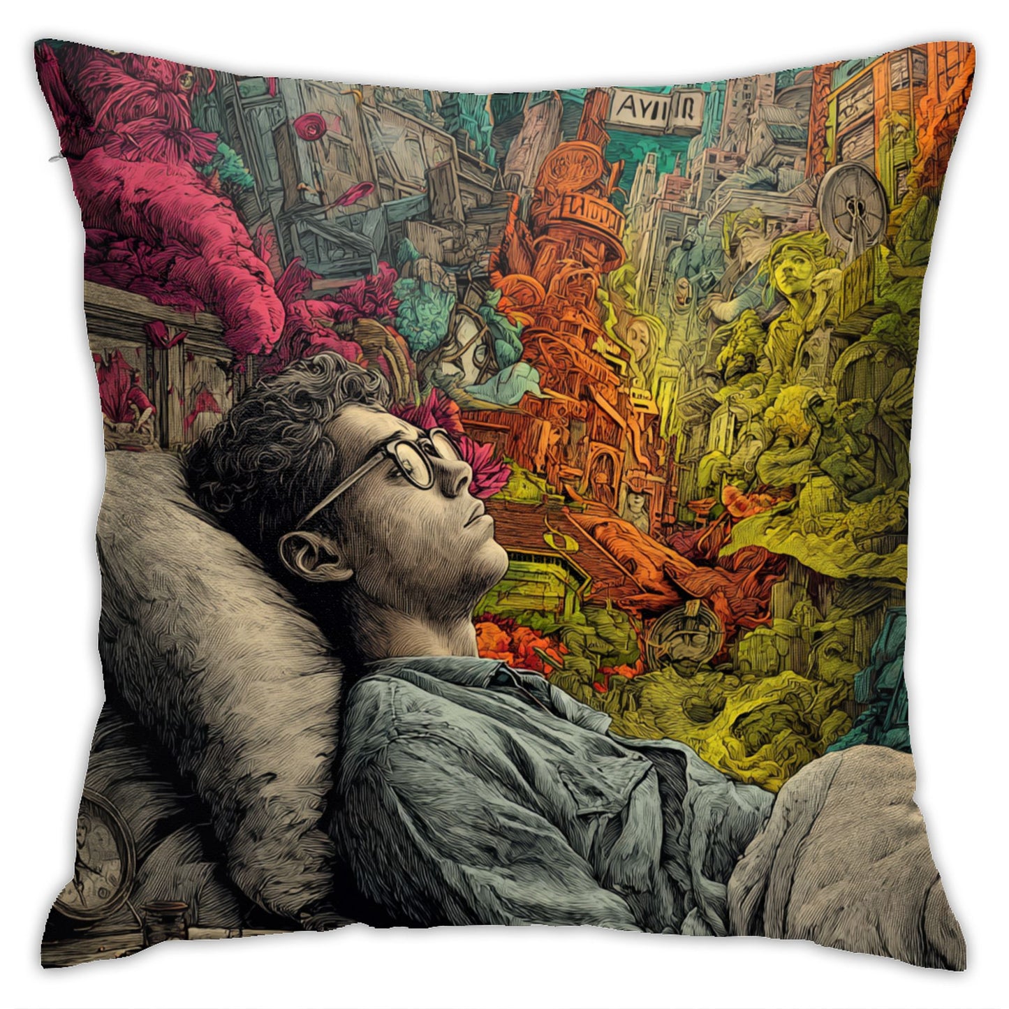 18"x18" Surreal Dreamscape Art Pillow Cover – Colorful Mind Fantasy Illustration Cushion for Sofa or Studio