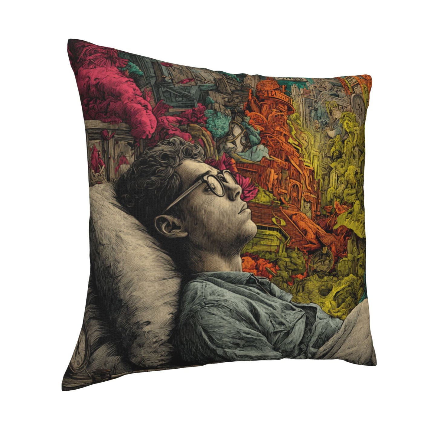18"x18" Surreal Dreamscape Art Pillow Cover – Colorful Mind Fantasy Illustration Cushion for Sofa or Studio