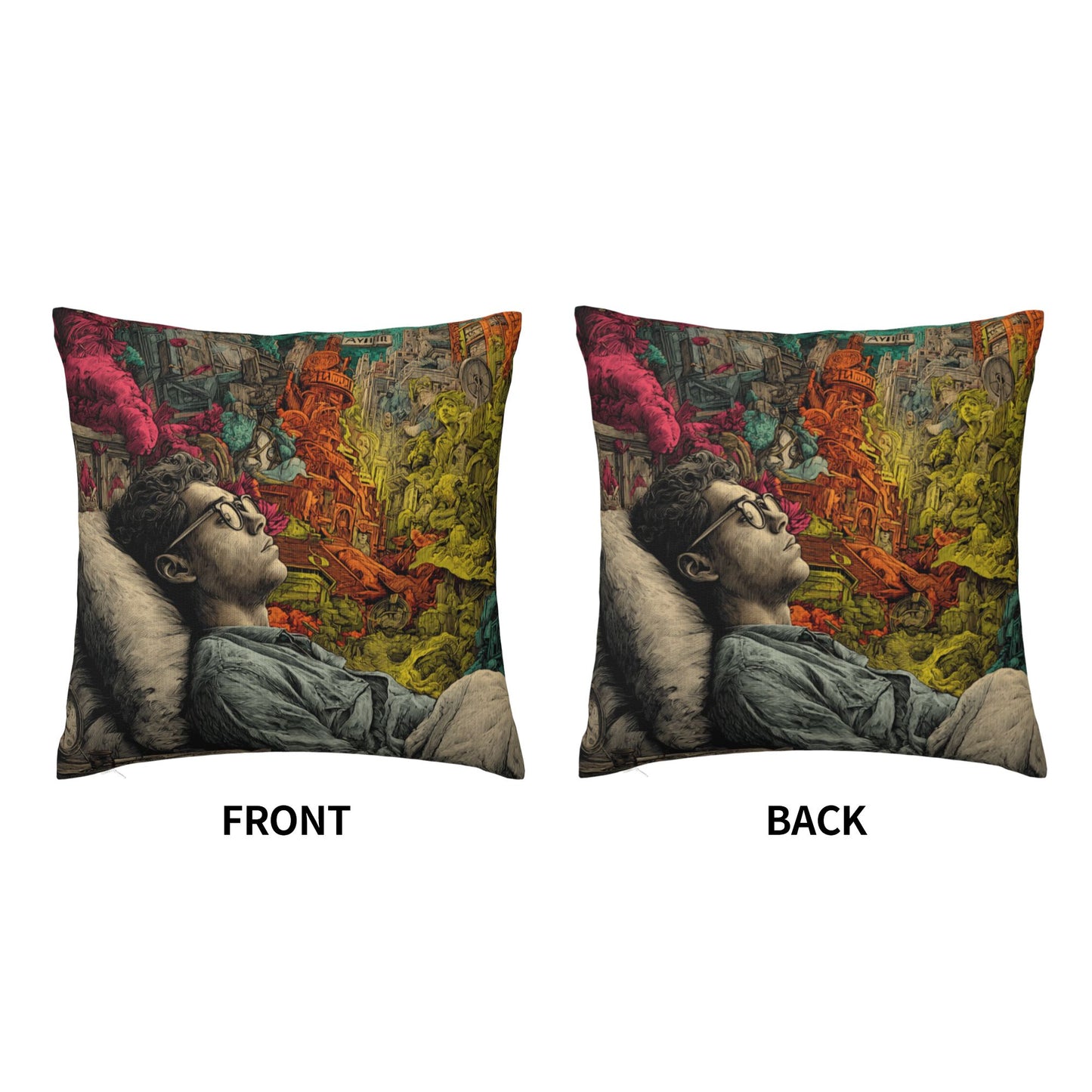 18"x18" Surreal Dreamscape Art Pillow Cover – Colorful Mind Fantasy Illustration Cushion for Sofa or Studio