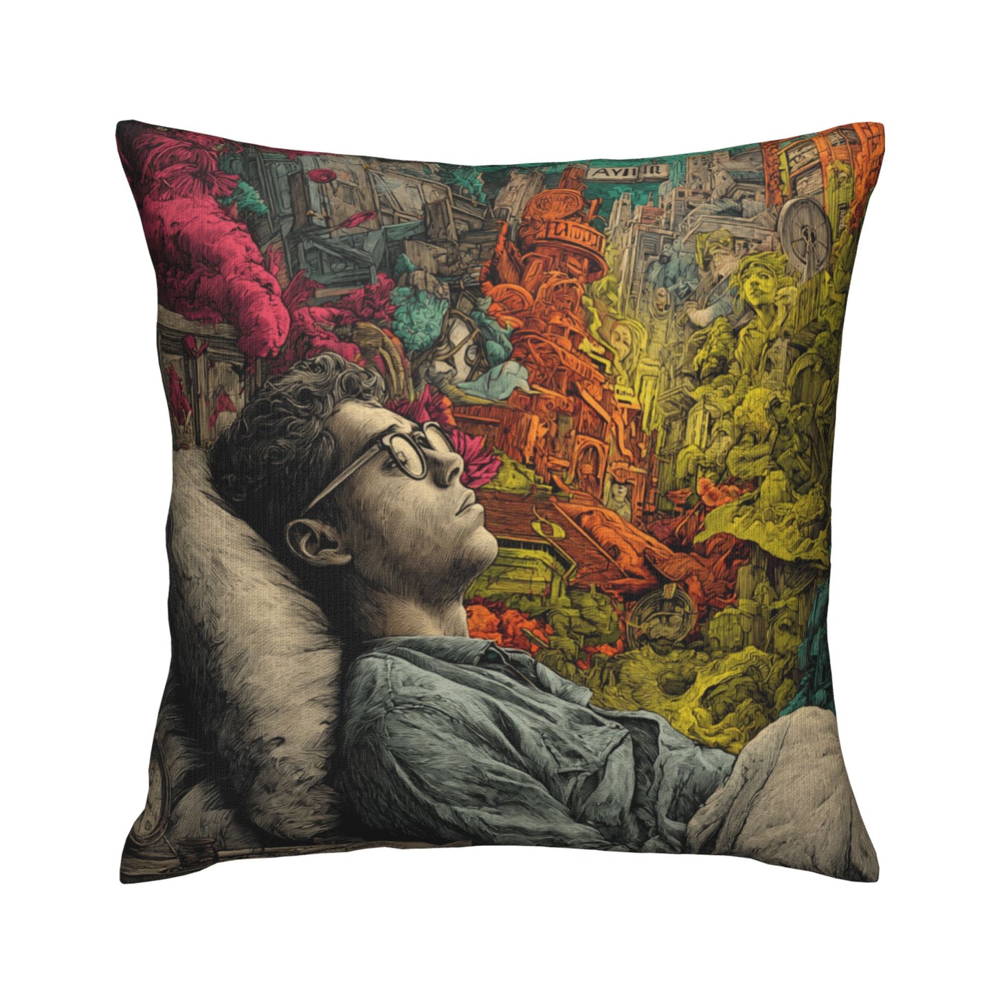 18"x18" Surreal Dreamscape Art Pillow Cover – Colorful Mind Fantasy Illustration Cushion for Sofa or Studio