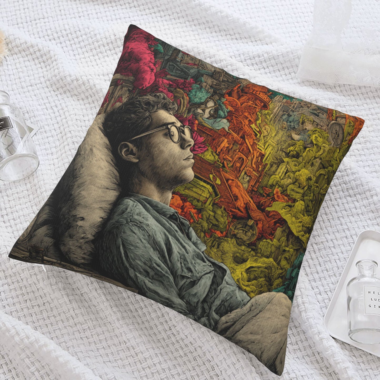 18"x18" Surreal Dreamscape Art Pillow Cover – Colorful Mind Fantasy Illustration Cushion for Sofa or Studio