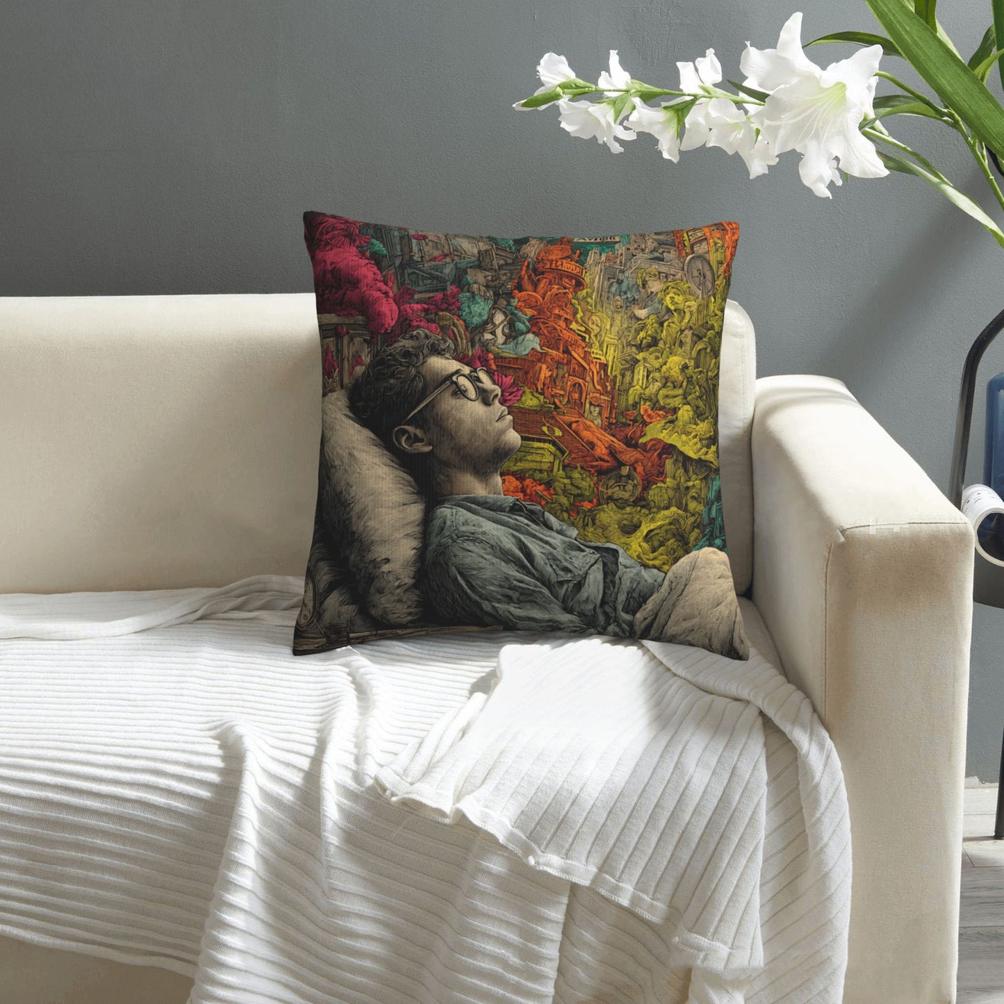 18"x18" Surreal Dreamscape Art Pillow Cover – Colorful Mind Fantasy Illustration Cushion for Sofa or Studio