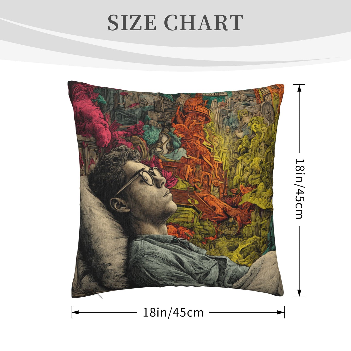 18"x18" Surreal Dreamscape Art Pillow Cover – Colorful Mind Fantasy Illustration Cushion for Sofa or Studio