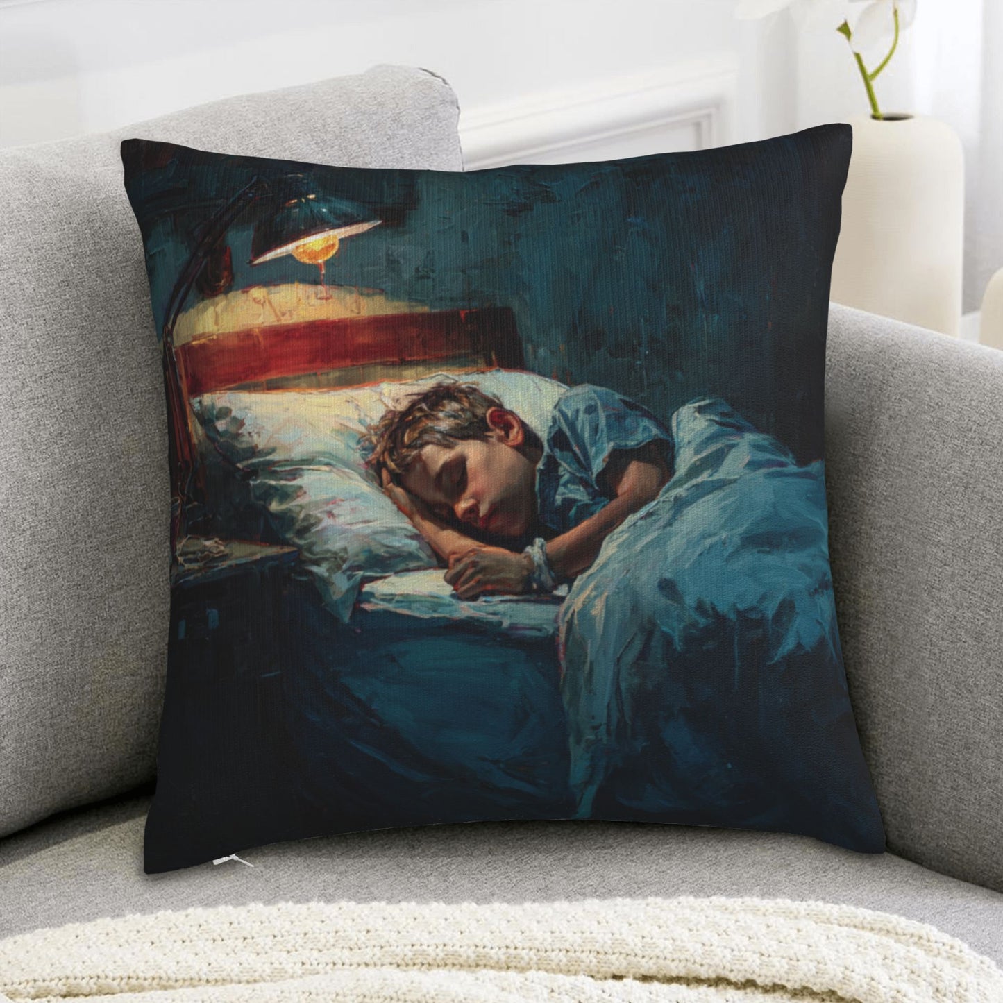 18"x18" Sleeping Boy Art Pillow Cover – Cozy Oil Painting Style Throw Cushion for Bedroom & Sofa