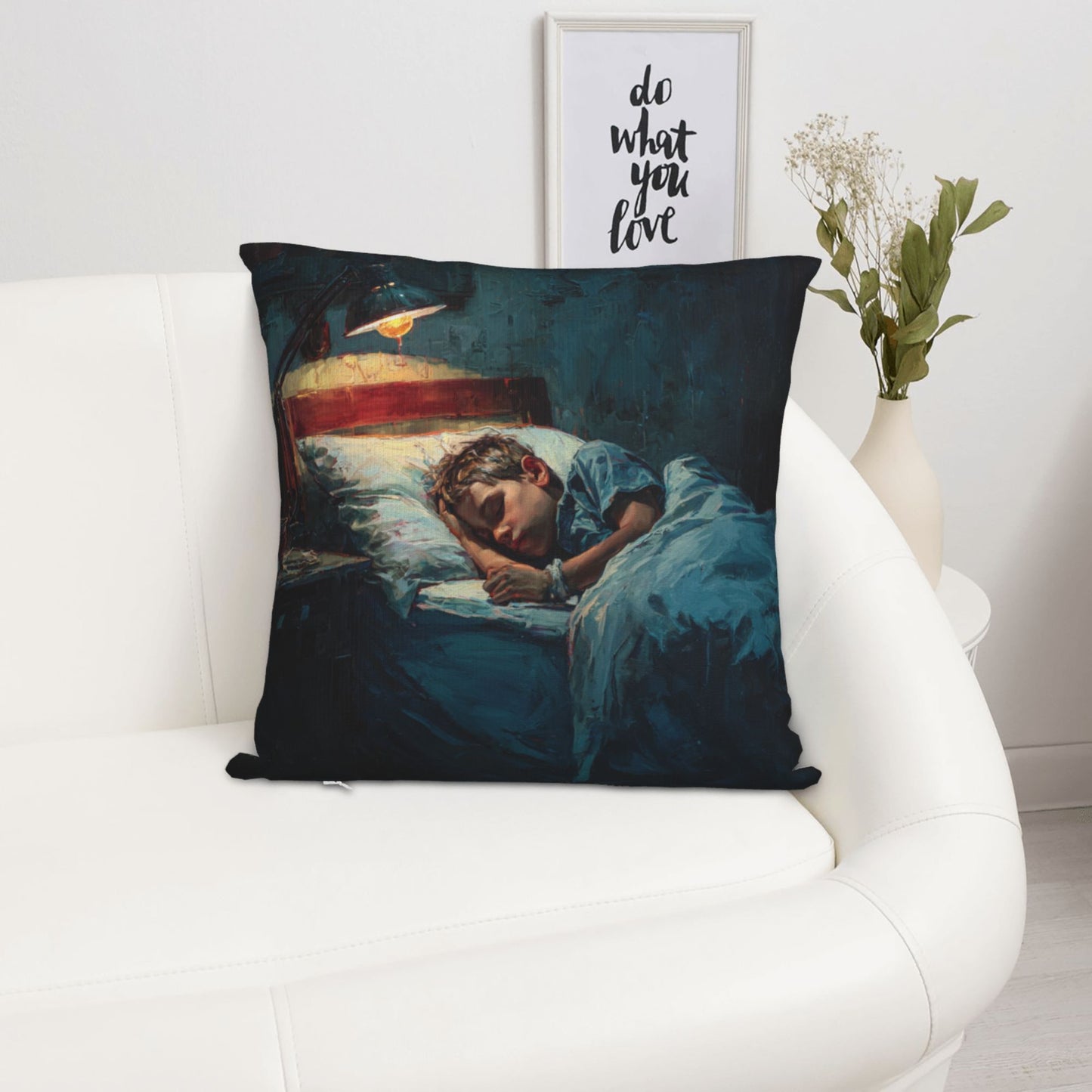 18"x18" Sleeping Boy Art Pillow Cover – Cozy Oil Painting Style Throw Cushion for Bedroom & Sofa