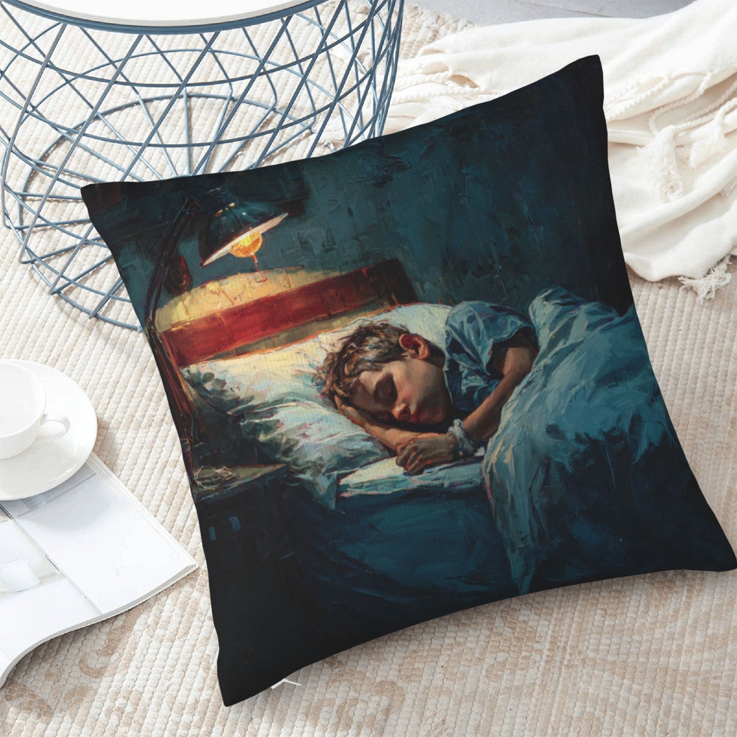 18"x18" Sleeping Boy Art Pillow Cover – Cozy Oil Painting Style Throw Cushion for Bedroom & Sofa