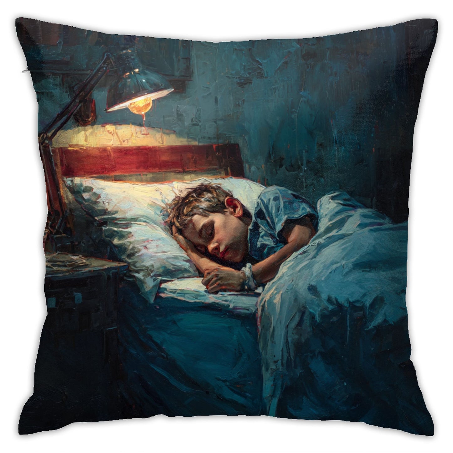 18"x18" Sleeping Boy Art Pillow Cover – Cozy Oil Painting Style Throw Cushion for Bedroom & Sofa