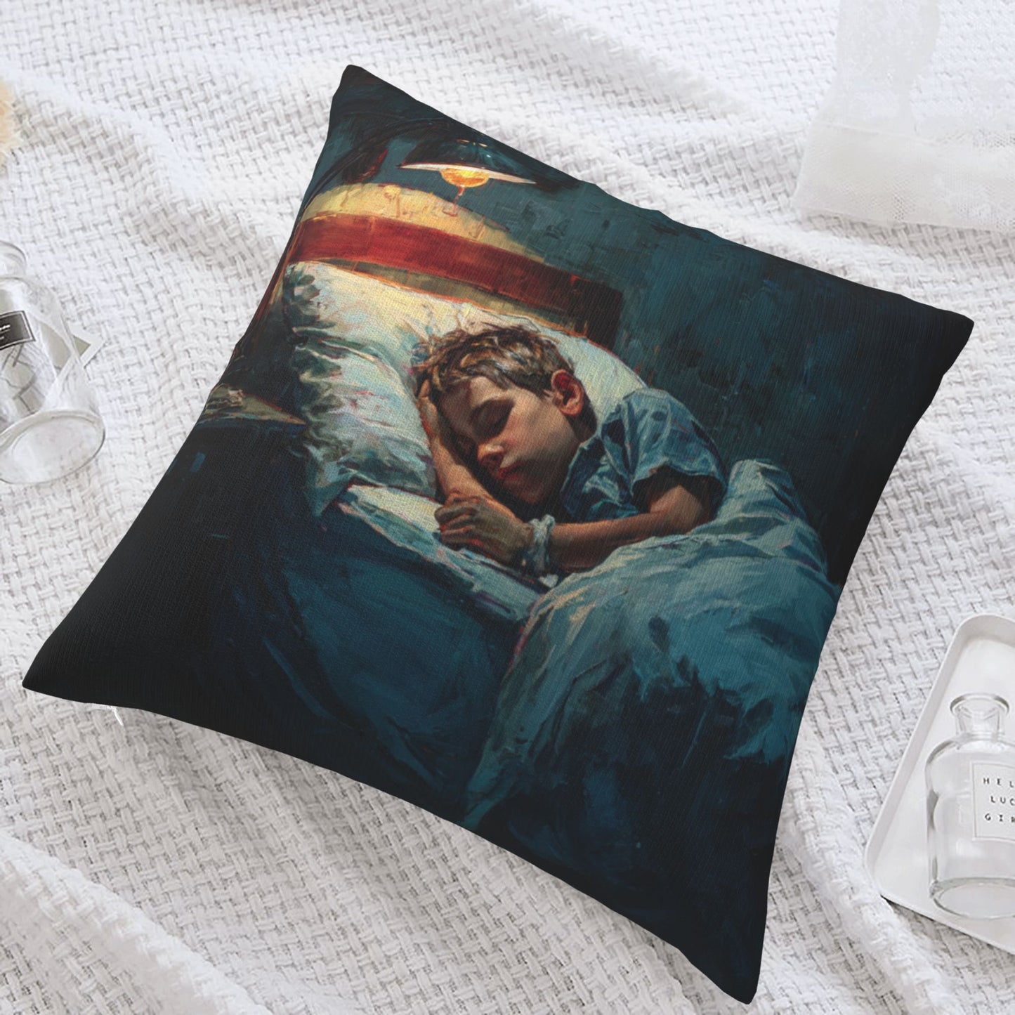 18"x18" Sleeping Boy Art Pillow Cover – Cozy Oil Painting Style Throw Cushion for Bedroom & Sofa