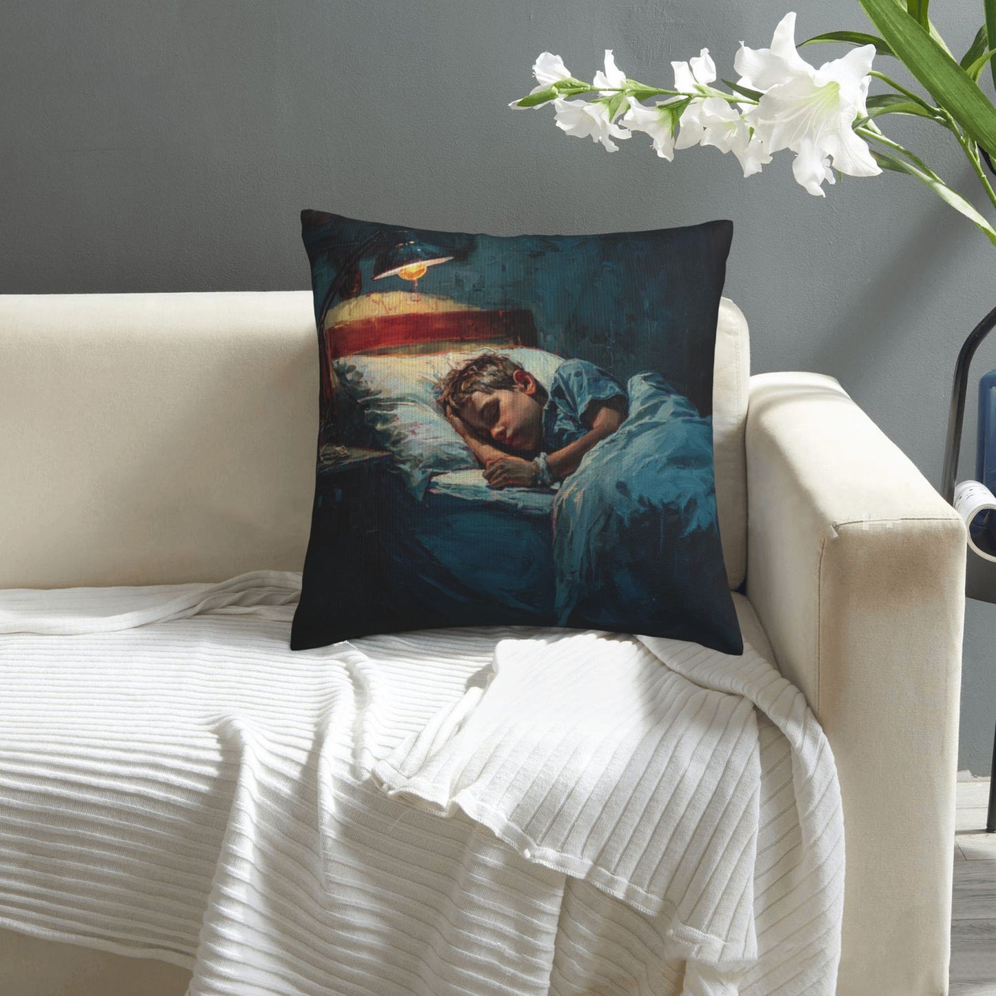 18"x18" Sleeping Boy Art Pillow Cover – Cozy Oil Painting Style Throw Cushion for Bedroom & Sofa