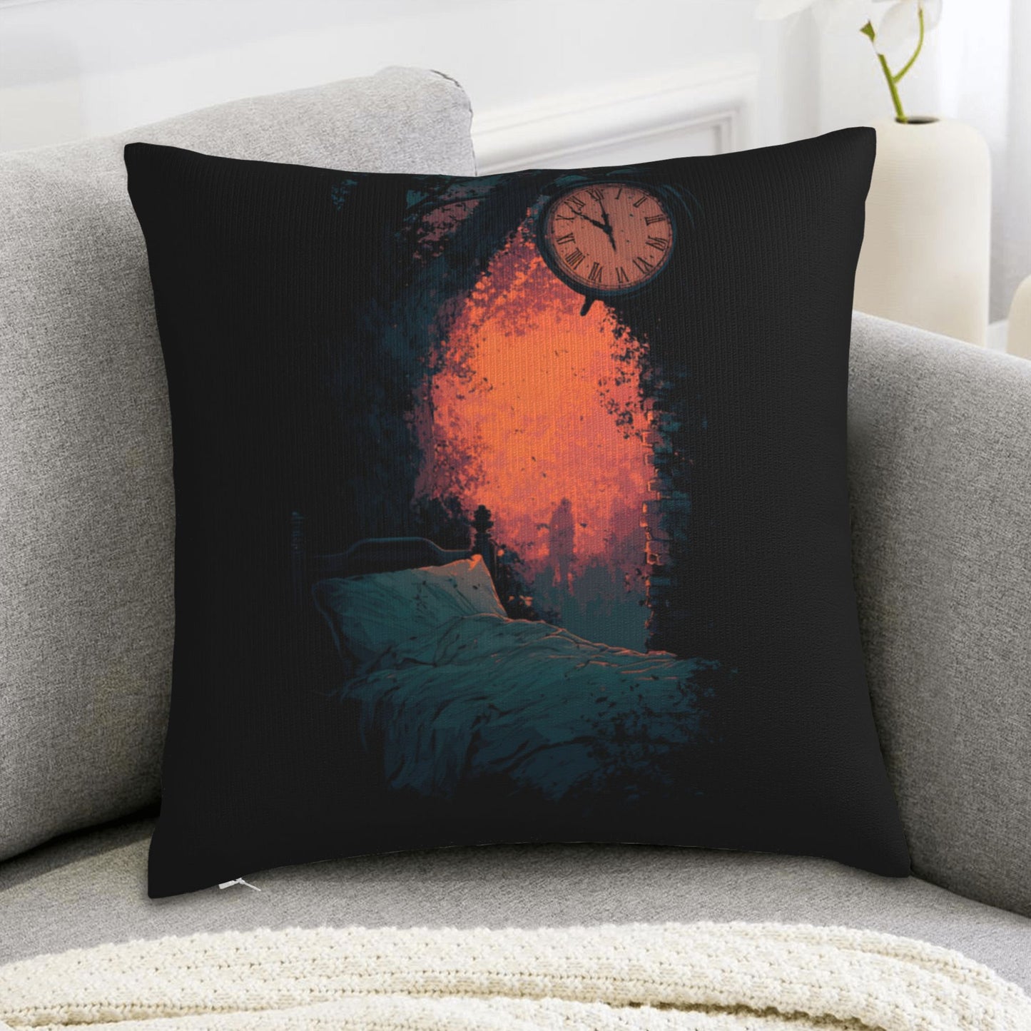 18"x18" Surreal Time & Dreamscape Pillow Cover – Gothic Art Bed Scene with Clock and Firelight for Bedroom or Studio
