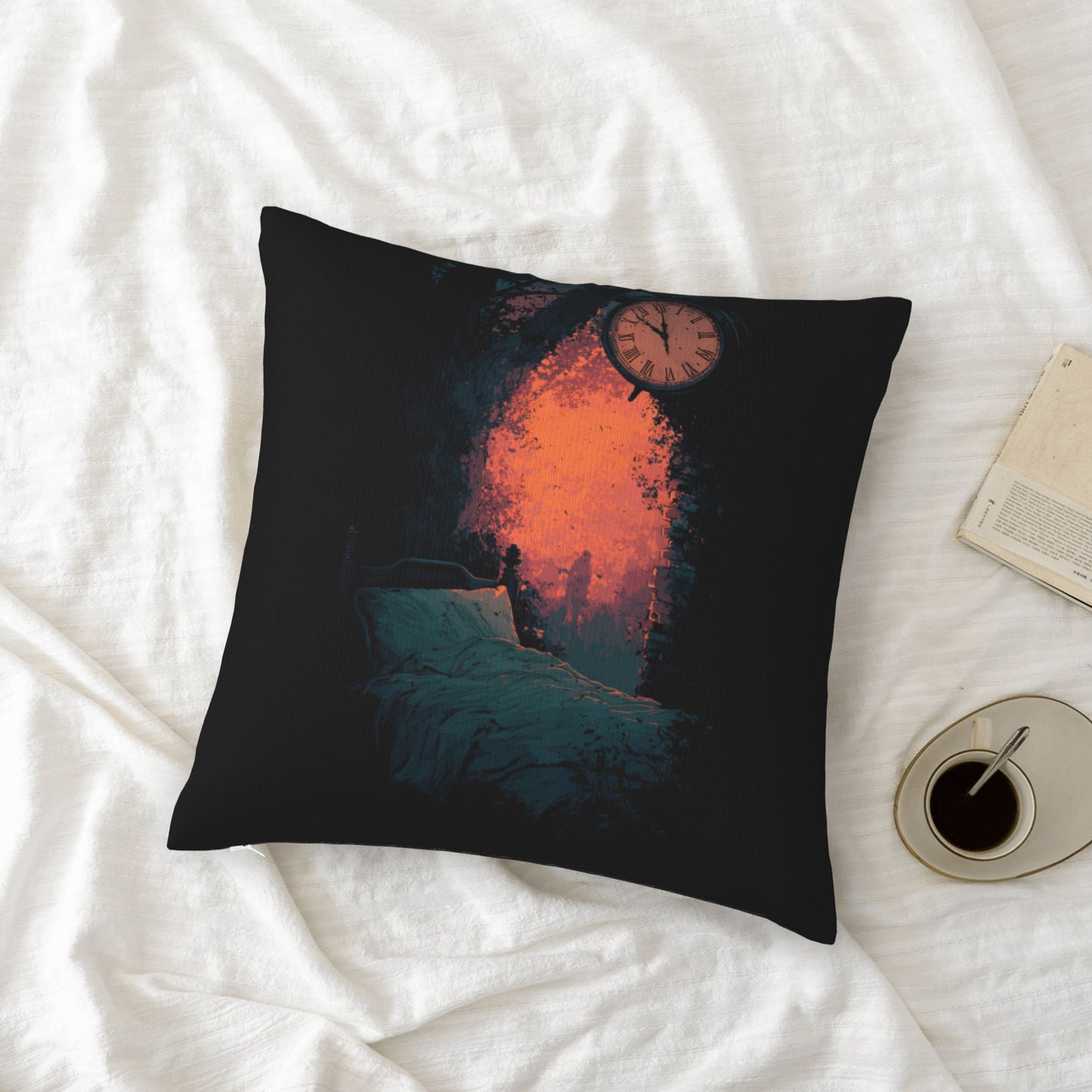 18"x18" Surreal Time & Dreamscape Pillow Cover – Gothic Art Bed Scene with Clock and Firelight for Bedroom or Studio