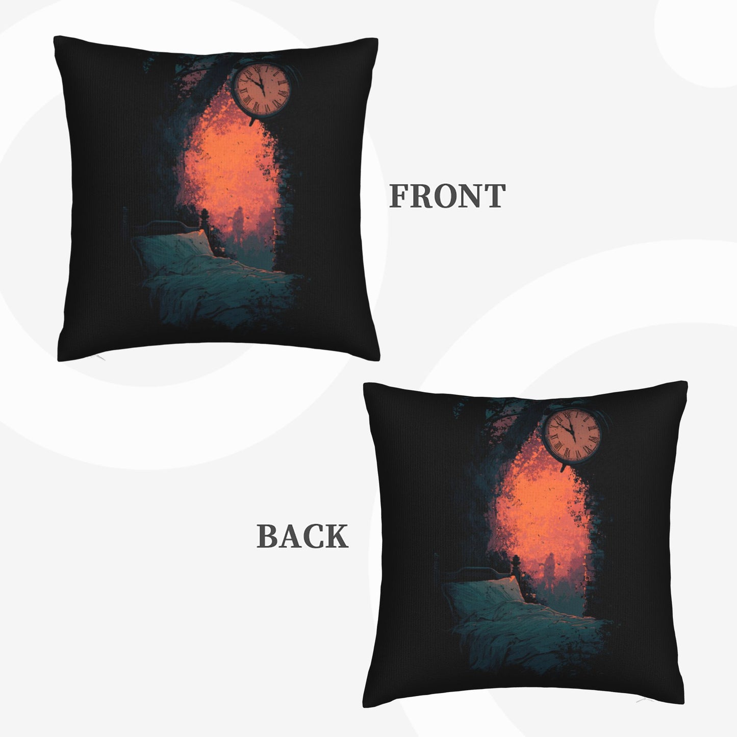 18"x18" Surreal Time & Dreamscape Pillow Cover – Gothic Art Bed Scene with Clock and Firelight for Bedroom or Studio
