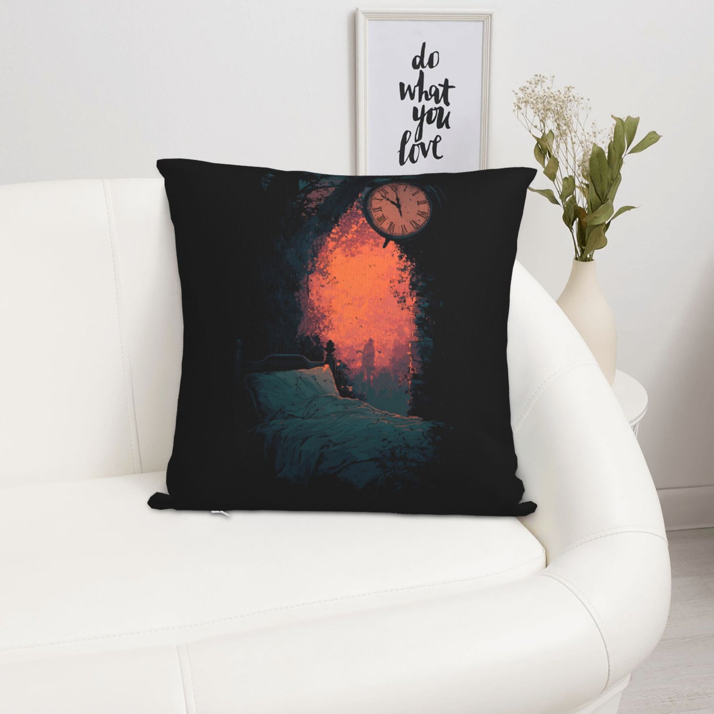 18"x18" Surreal Time & Dreamscape Pillow Cover – Gothic Art Bed Scene with Clock and Firelight for Bedroom or Studio
