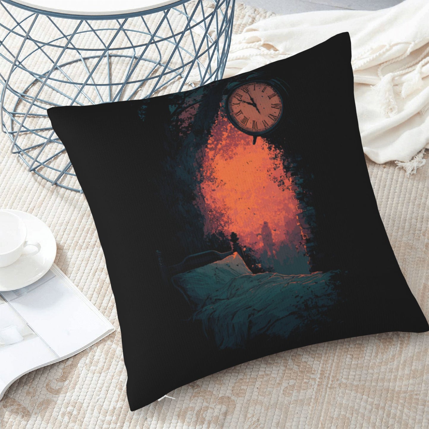 18"x18" Surreal Time & Dreamscape Pillow Cover – Gothic Art Bed Scene with Clock and Firelight for Bedroom or Studio