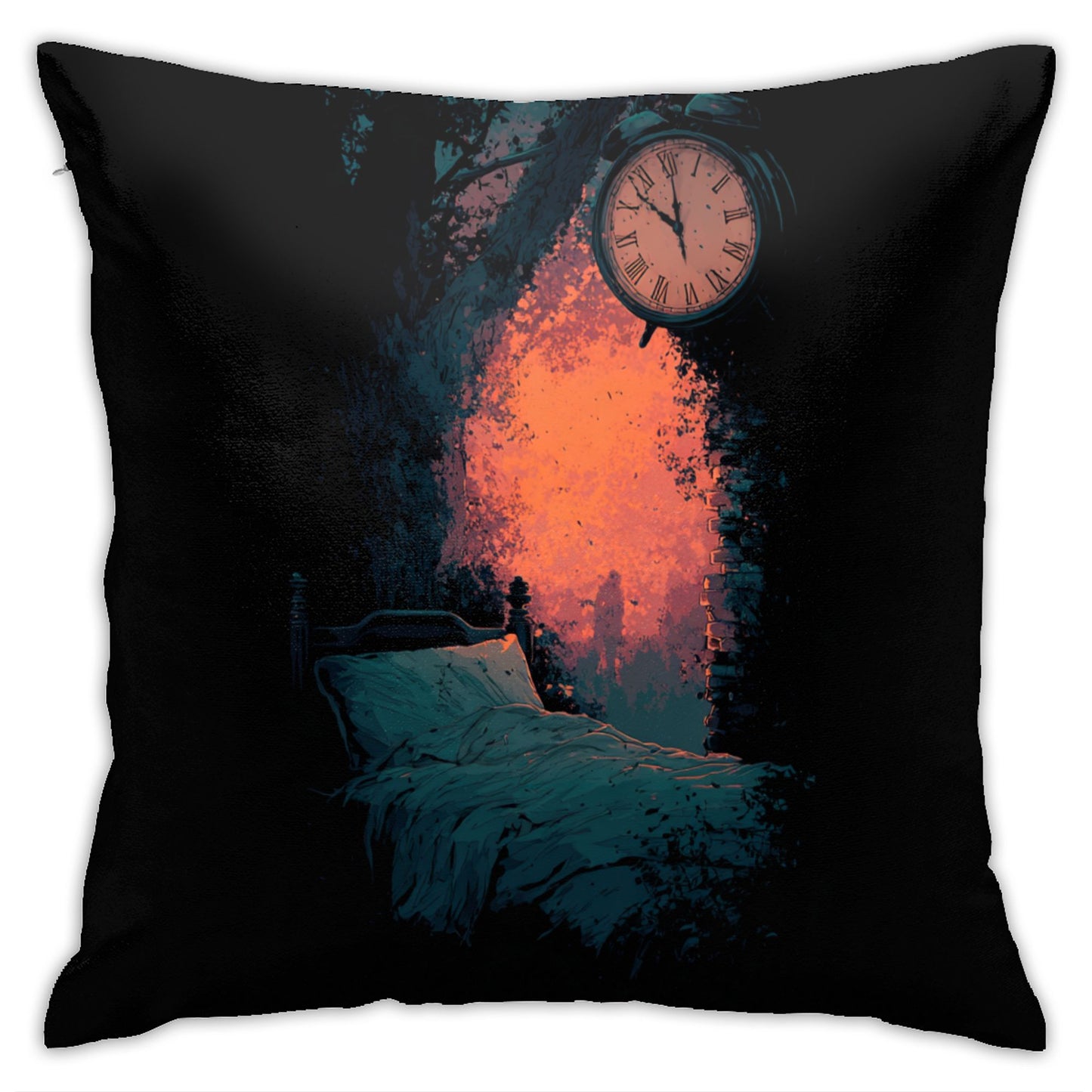 18"x18" Surreal Time & Dreamscape Pillow Cover – Gothic Art Bed Scene with Clock and Firelight for Bedroom or Studio