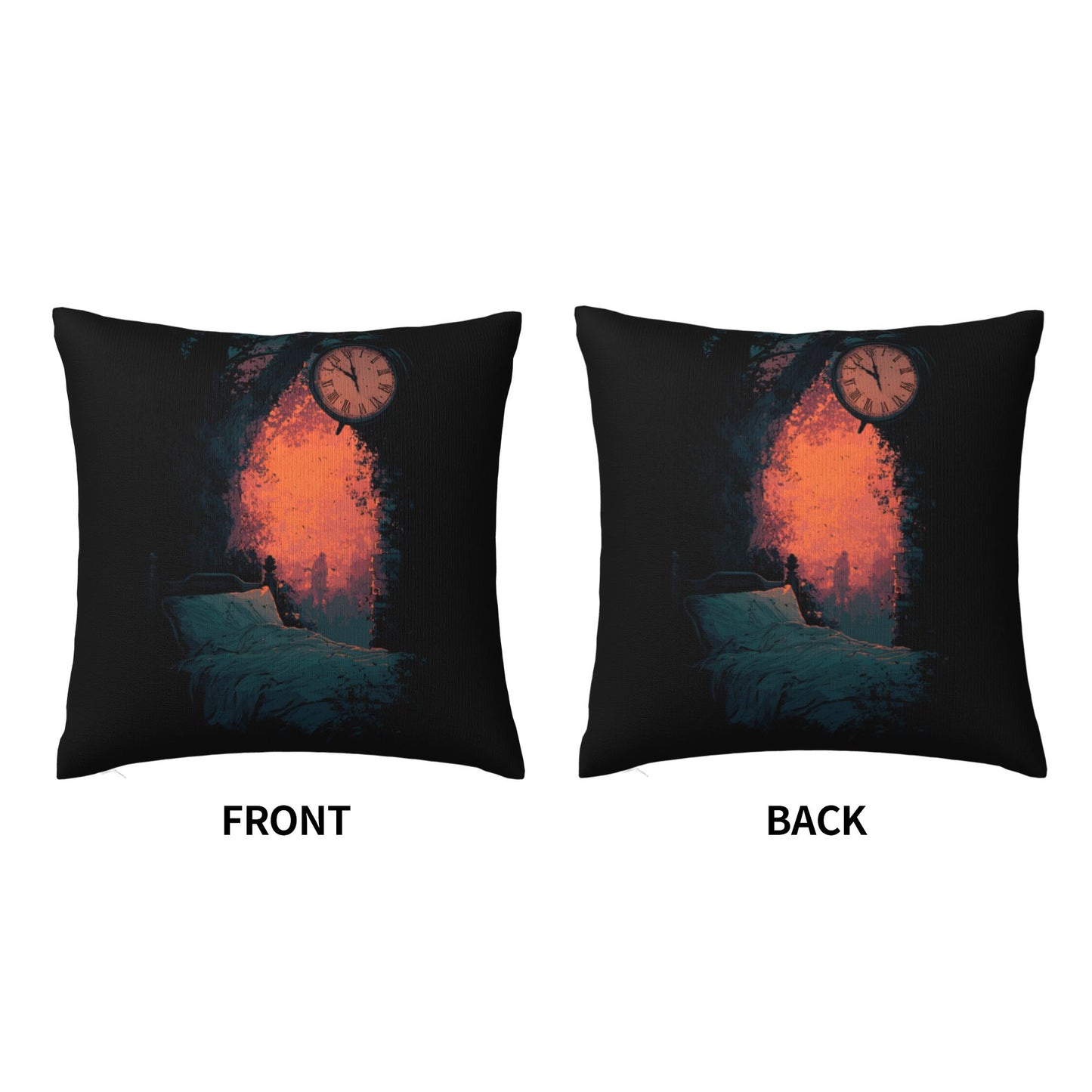 18"x18" Surreal Time & Dreamscape Pillow Cover – Gothic Art Bed Scene with Clock and Firelight for Bedroom or Studio