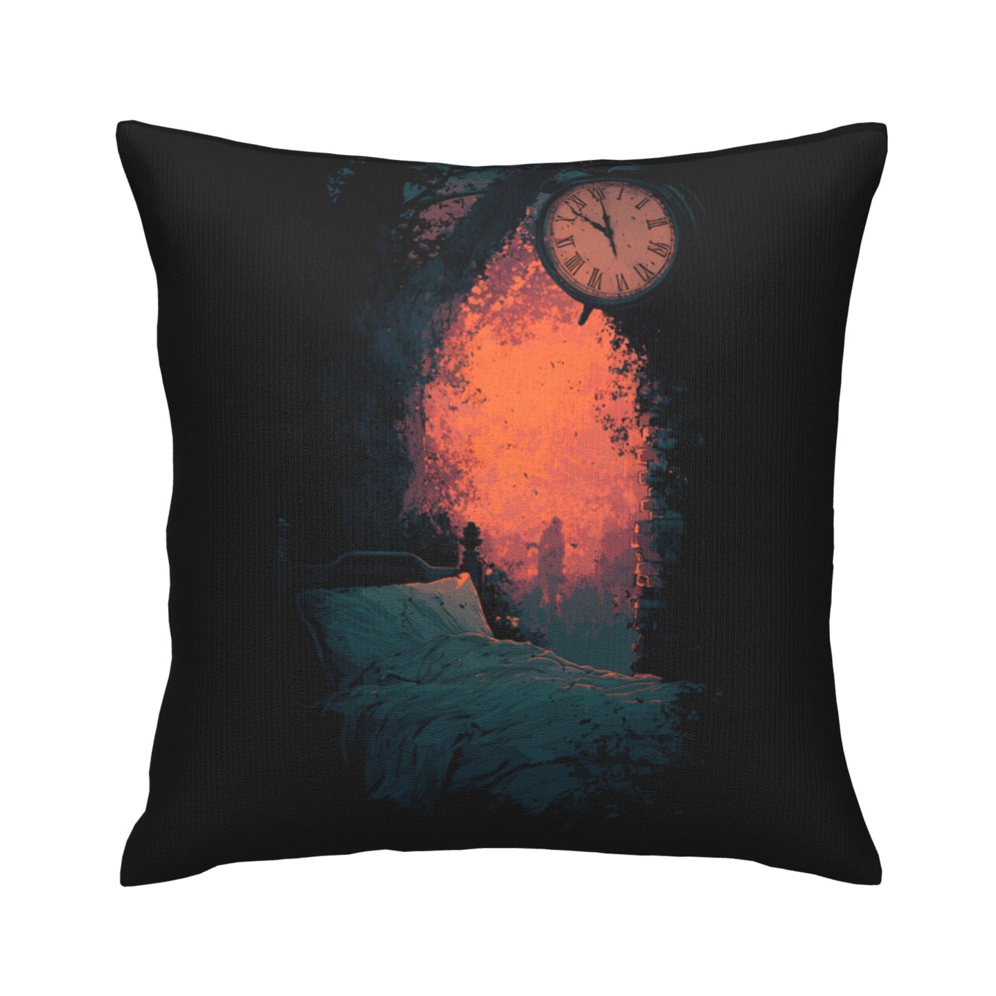 18"x18" Surreal Time & Dreamscape Pillow Cover – Gothic Art Bed Scene with Clock and Firelight for Bedroom or Studio
