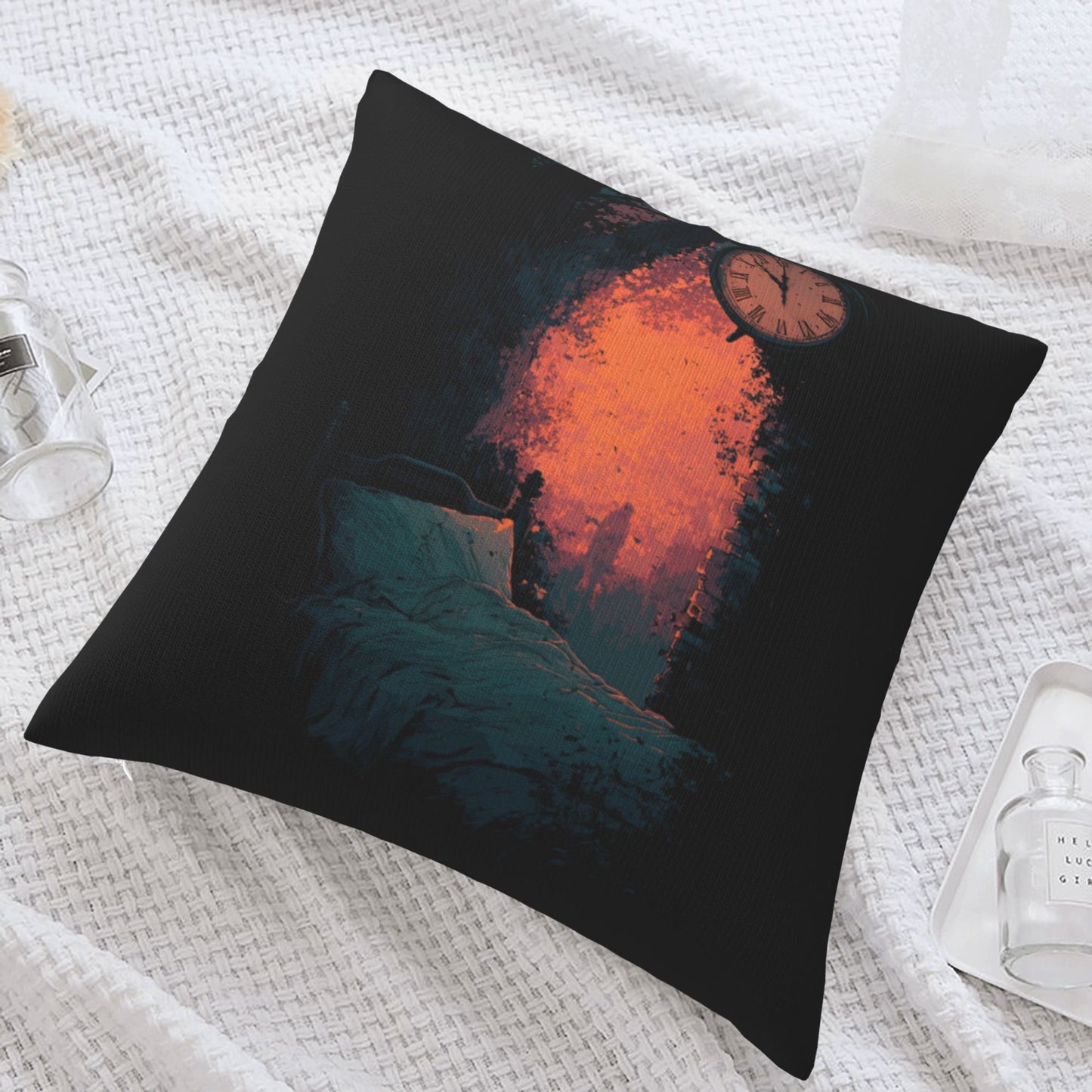 18"x18" Surreal Time & Dreamscape Pillow Cover – Gothic Art Bed Scene with Clock and Firelight for Bedroom or Studio