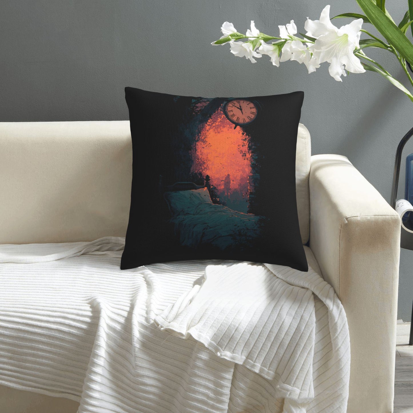 18"x18" Surreal Time & Dreamscape Pillow Cover – Gothic Art Bed Scene with Clock and Firelight for Bedroom or Studio