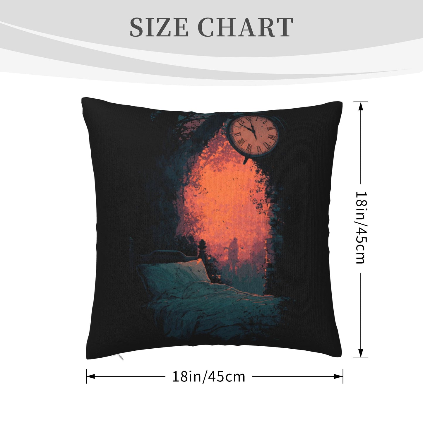 18"x18" Surreal Time & Dreamscape Pillow Cover – Gothic Art Bed Scene with Clock and Firelight for Bedroom or Studio