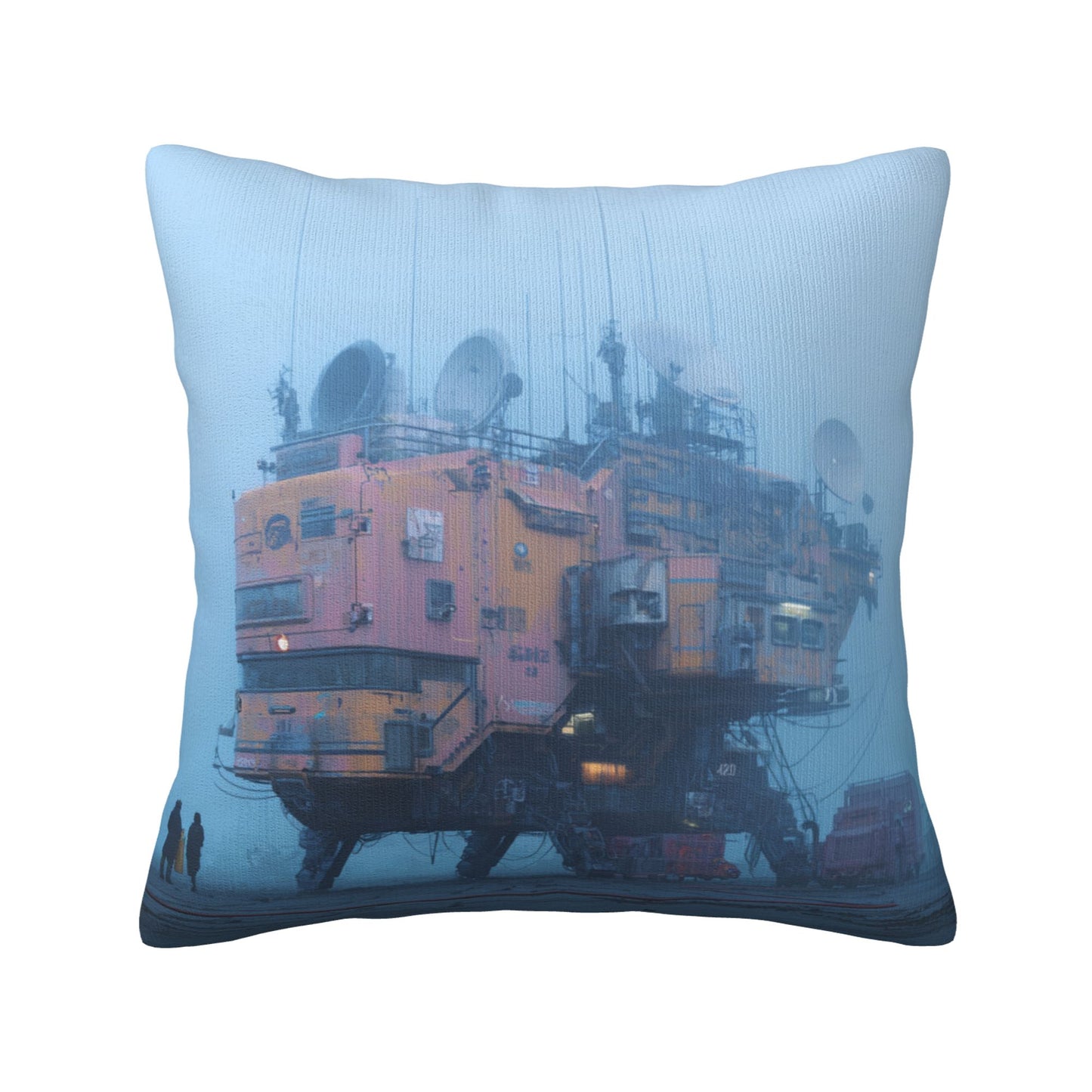 18"x18" Cyberpunk Fog Base Pillow Cover – Futuristic Industrial Building Illustration Cushion for Sci-Fi Interiors