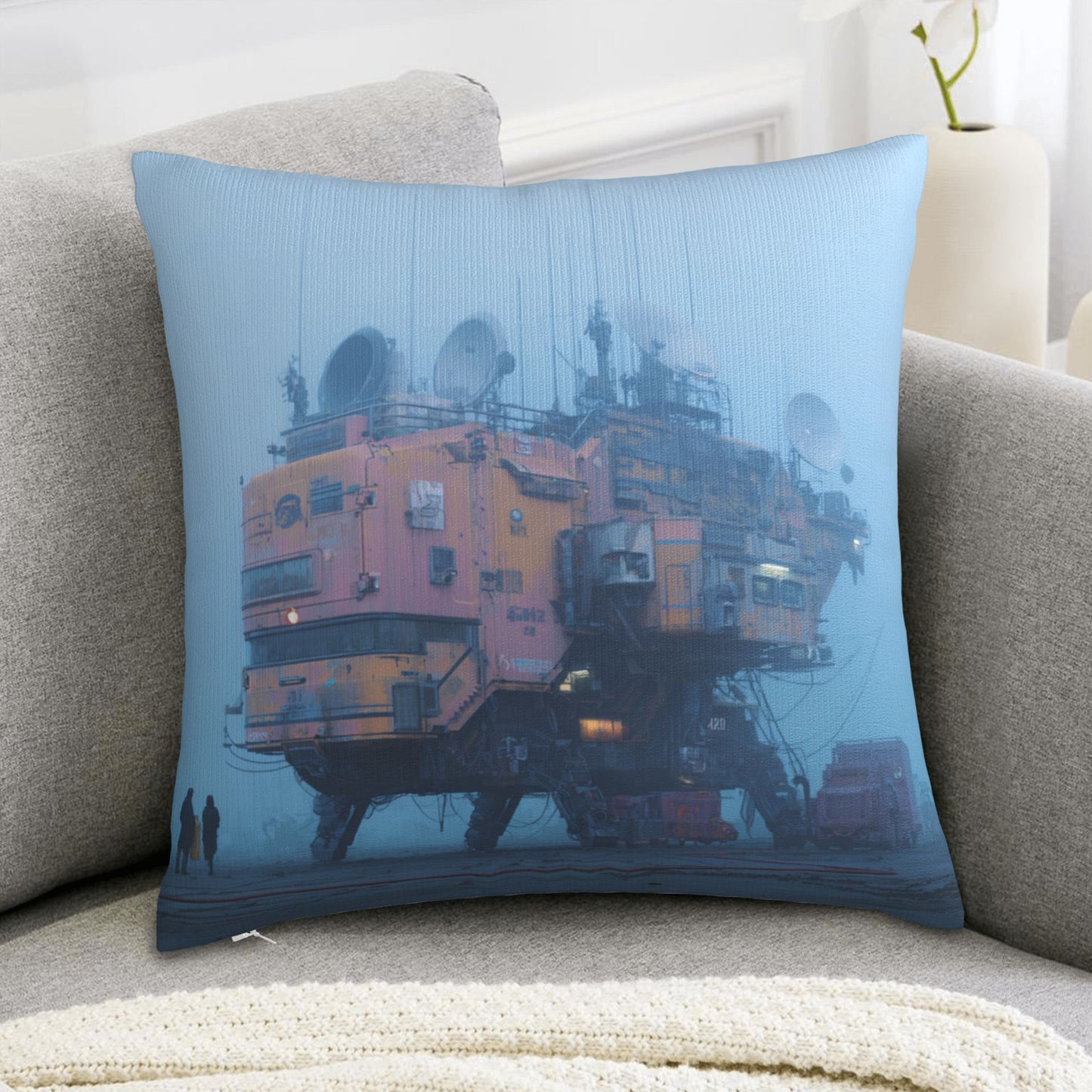 18"x18" Cyberpunk Fog Base Pillow Cover – Futuristic Industrial Building Illustration Cushion for Sci-Fi Interiors