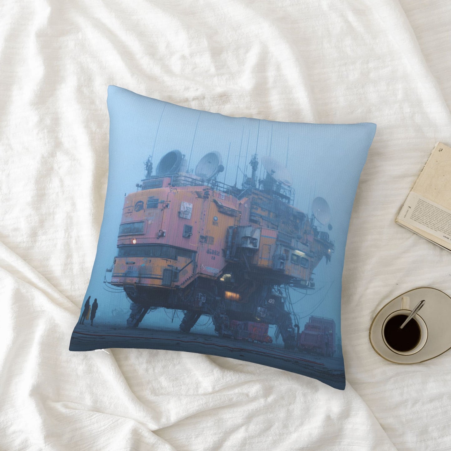 18"x18" Cyberpunk Fog Base Pillow Cover – Futuristic Industrial Building Illustration Cushion for Sci-Fi Interiors